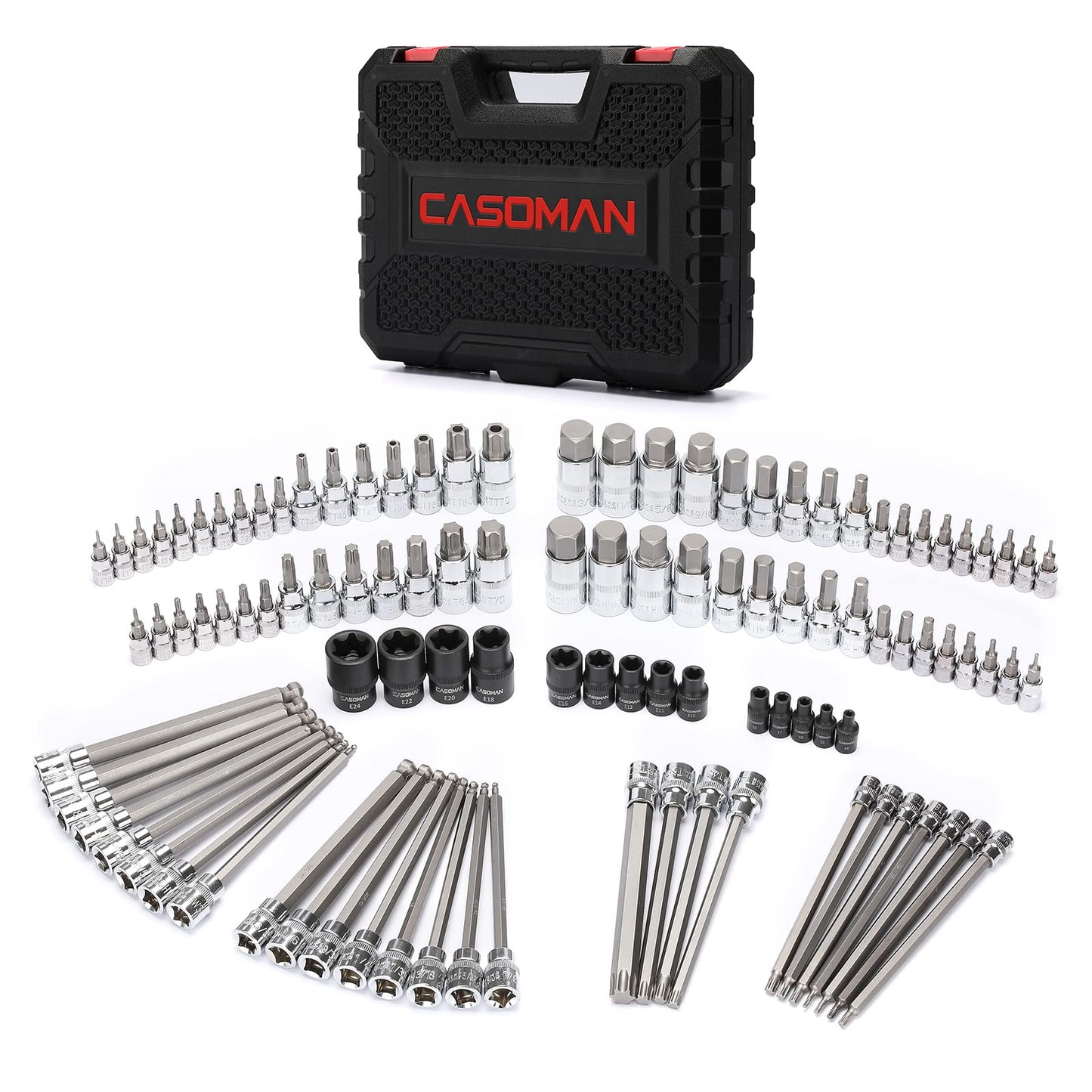 CASOMAN 107 Pieces Bit Socket Set, 1/4", 3/8" and 1/2" Drive, Torx/Extra Long/Tamper Proof Torx/Hex/Ball End Hex, SAE/Metric, S2 Steel Bits
