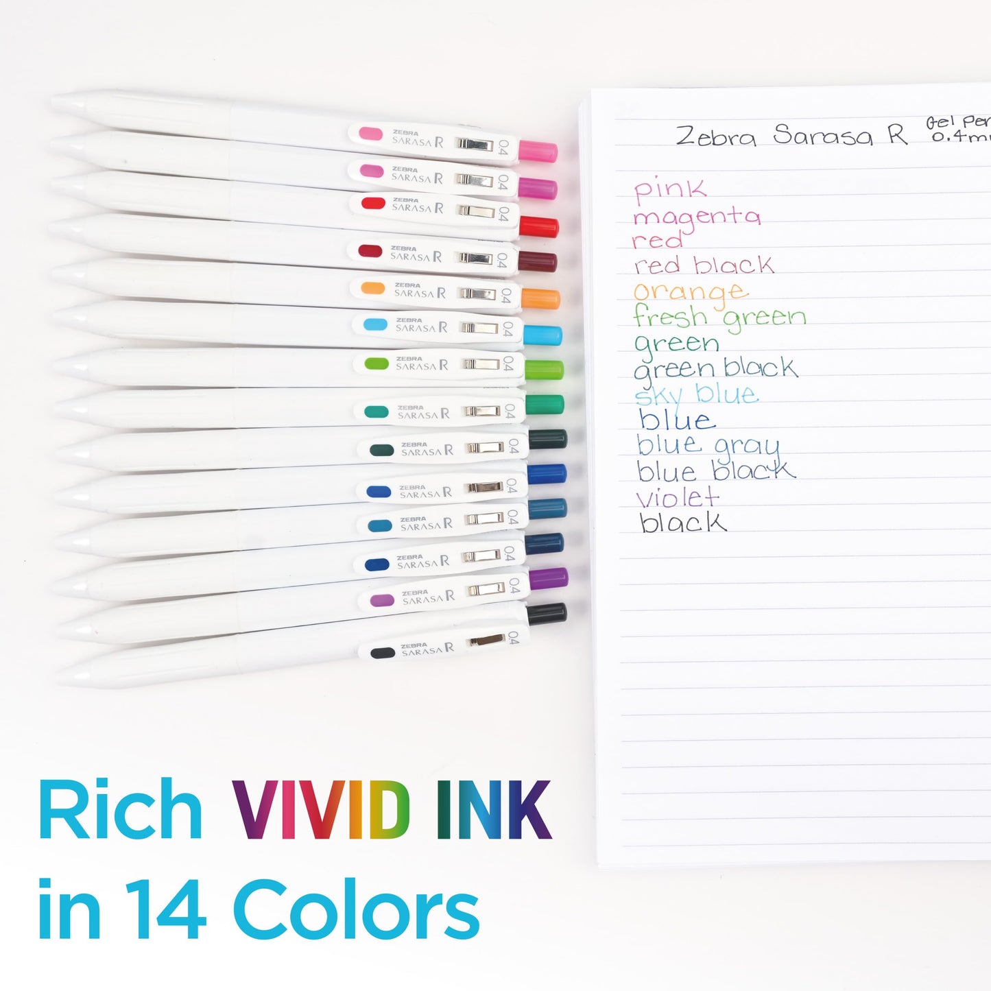 Zebra Pen, SARASA R Gel Pens, Assorted Ink Colours, 0.4mm Fine Point, Vivid Ink to Create Deep, Saturated Colour & Smooth Gel Lines, Quick-Drying for Smear-Free Writing, Made in Japan, 14-Pack (40514)
