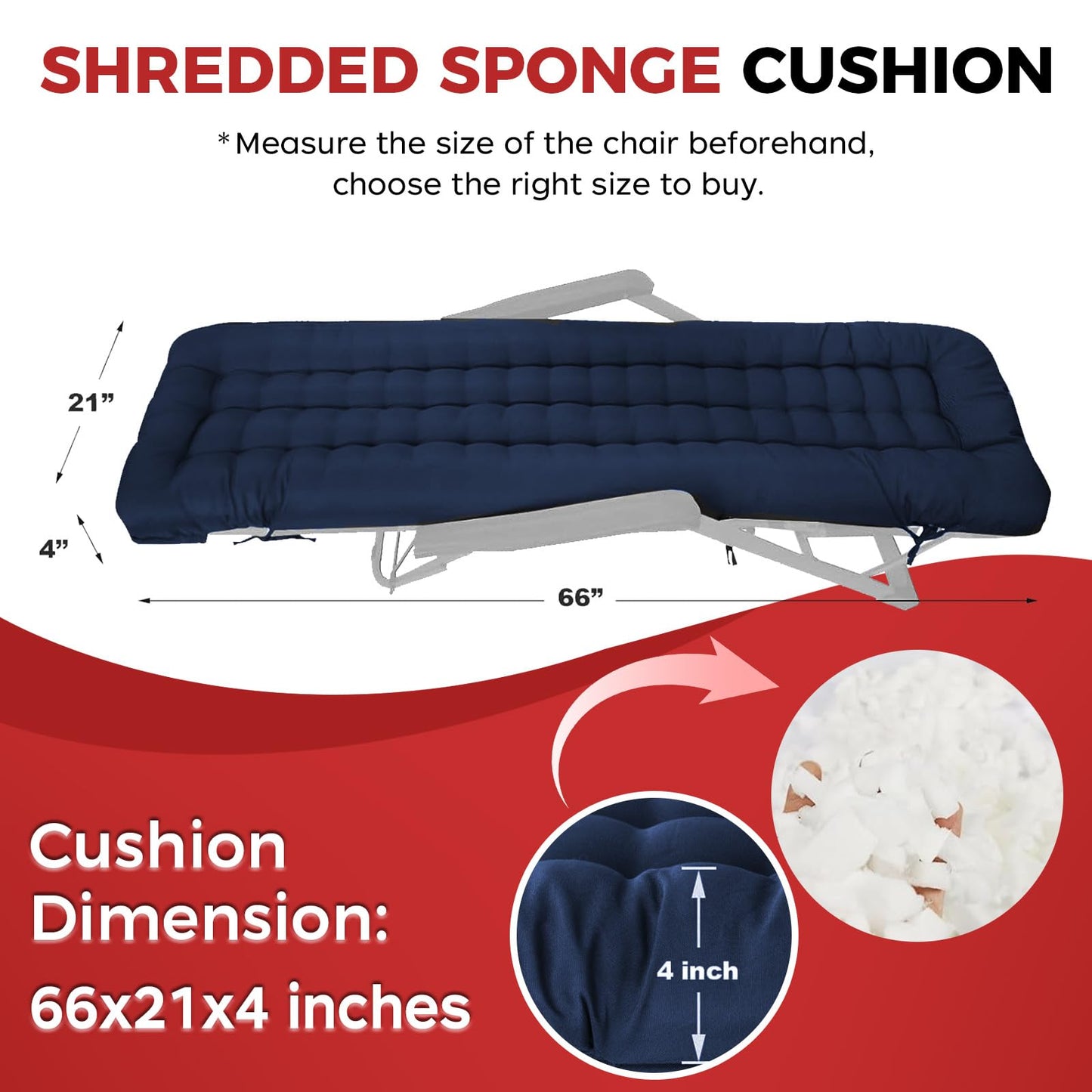 Outdoor Patio Lounge Chair Cushion, Waterproof Chaise Lounge Chair Cushion for Outdoor Indoor Furniture, Soft Thickened Zero Gravity Chair Cushions with Ties, 66x21x4 Inches，Blue