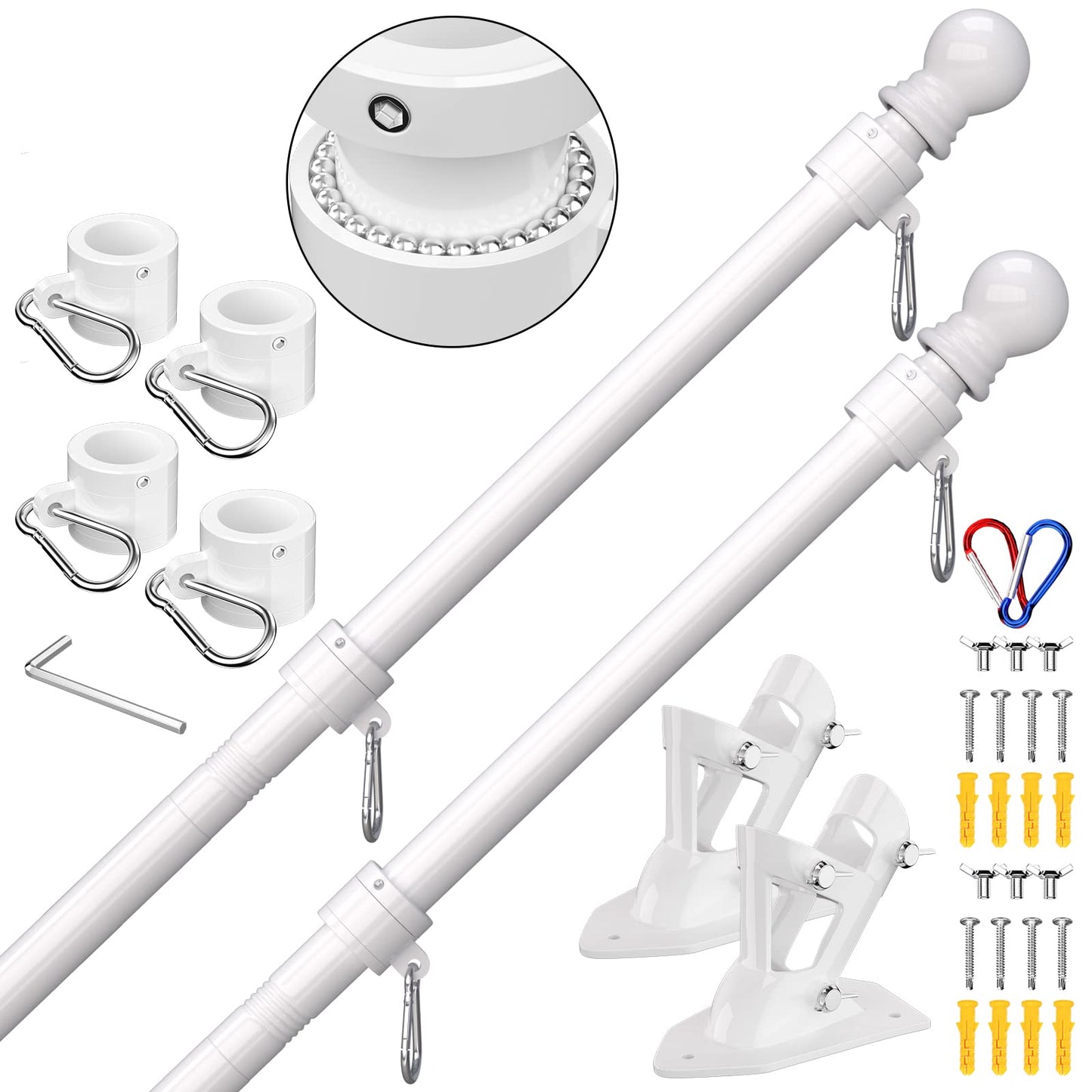ZMTECH Flag Pole - Upgraded Bracket, (2 Packs) 6 FT Stainless Steel Flag Poles for Outside House, Residential or Commerical, Tangle Free Flag Pole Kit for American Flag (Without Flag, White)