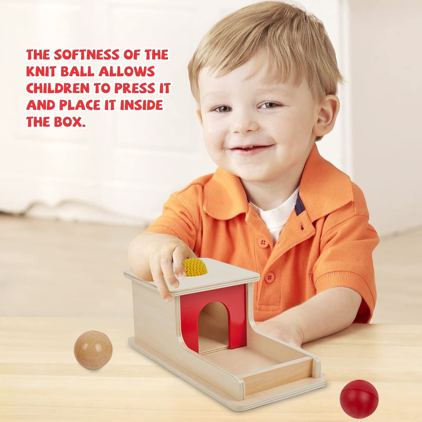 Adena Montessori Full Size Object Permanence Box with Tray Three Balls Montessori Toys for 6-12 Month Infant (Three Balls (Wood, Plastic,Knitted))