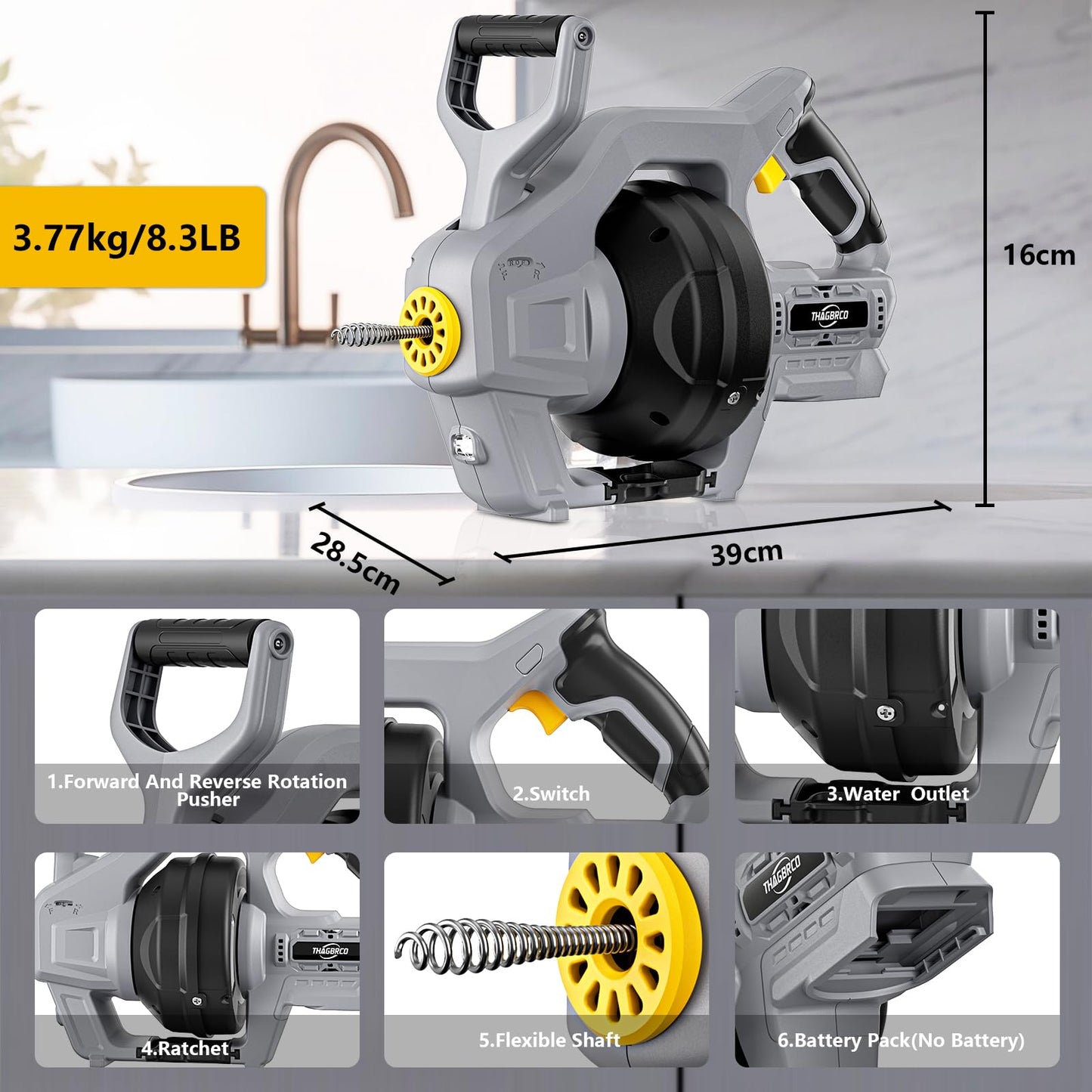 Cordless Drain Auger Compatible for Dewalt 20V Battery,Auto-Feed Electric Snake,Powered for Sewer Kitchen Bathroom, Cleaner for Shower or Sink Drains, Unclogs Hair, Blockages(Battery not Included)