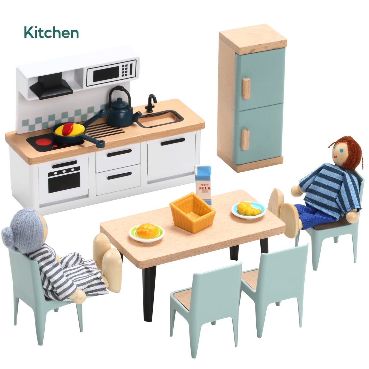 Giant bean 36pcs Wooden Plastic Dollhouse Furniture 5 Set with 4 Family Dolls, Blue Dollhouse Accessories Pretend Play Furniture Toys for Boys Girls & Toddlers 3Y+, Christmas Birthday Gift for Kids