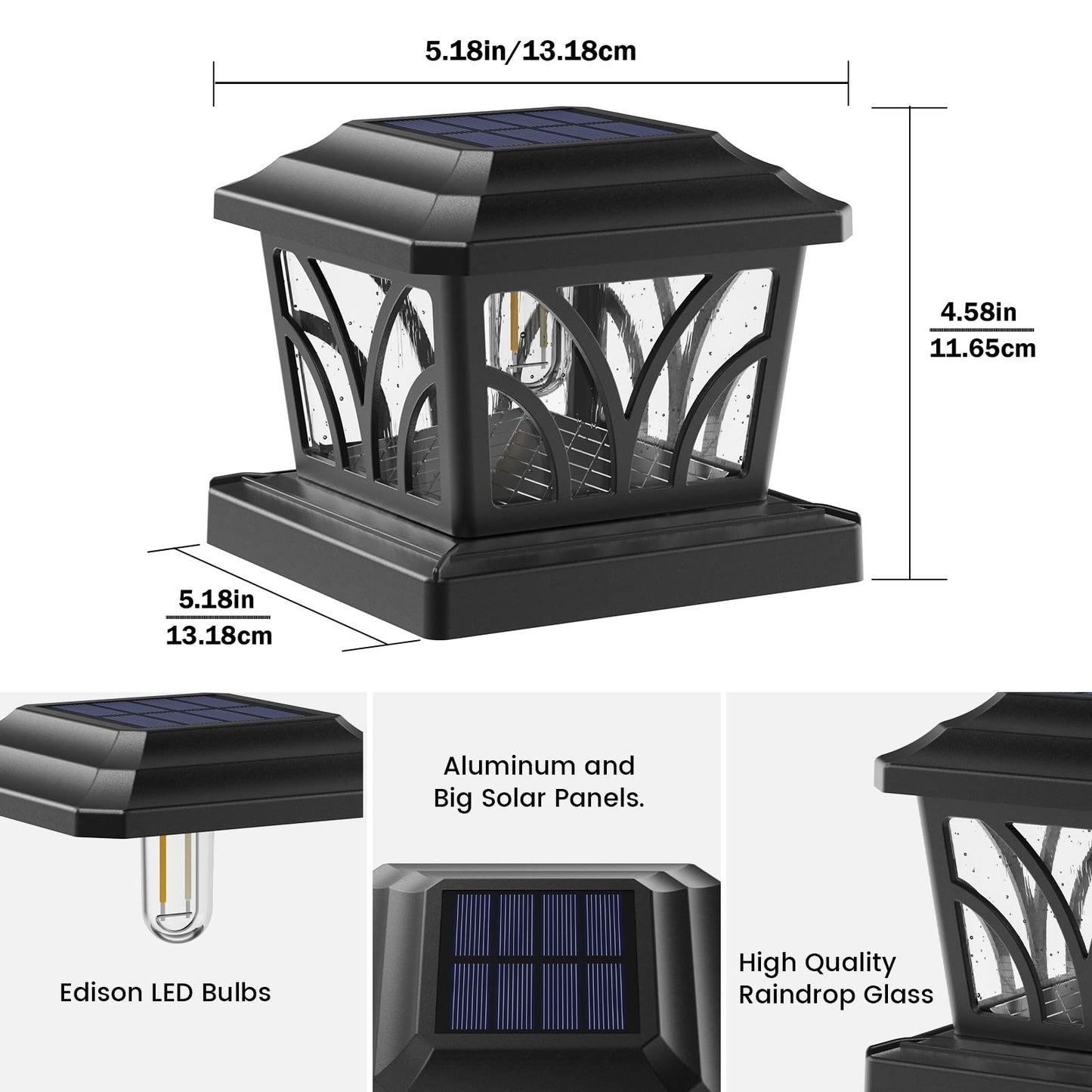 SIEDiNLAR Solar Post Cap Lights Outdoor, Aluminum Glass 2 Modes Fence Post Caps for 4x4 5x5 6x6 Vinyl Wooden Posts Fence Deck Patio Decor, Warm White/Cool White Lighting 2 Pack (Black)