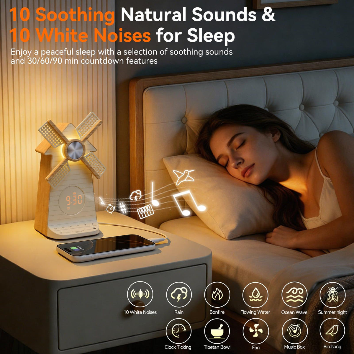RETEYUNG Alarm Clock with Rotating Windmill,Sound Machine with Wake up Light,Snooze,10 Nature Sounds & 10 White Noises,15 Ringtones,USB Charging,4-Tier Dimmer,12 Volume,30/60/90 Timer for Kids Adults