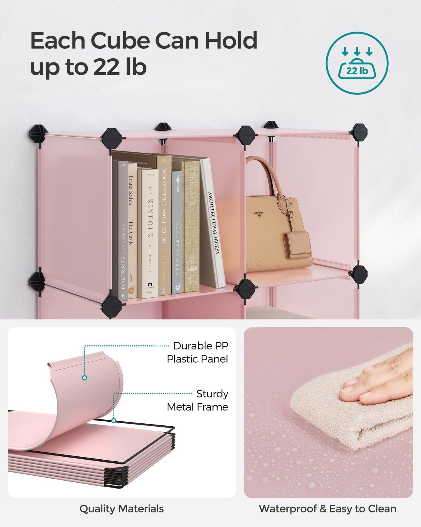 SONGMICS 6 Cube Storage Organizer, DIY Closet Shelf, Plastic Clothes Organizer, Modular Bookcase, 11.8 x 11.8 x 11.8 Inch Cubes, with Feet and Rubber Mallet, Pink ULPC111P01