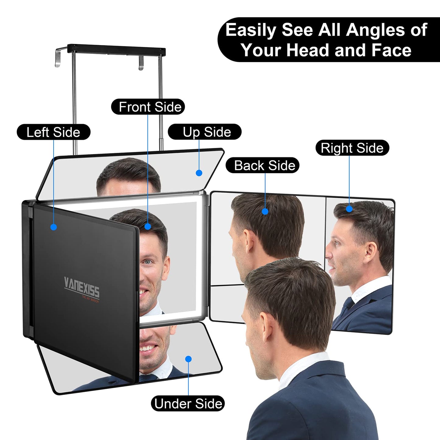 Rechargeable 5 Way Mirror for Hair Cutting, Real Glass Adjustable Trifold Mirror with Light & Telescoping Hooks for Makeup & Styling - Portable DIY Tool to Cut, Trim or Shave Your Head & Neckline