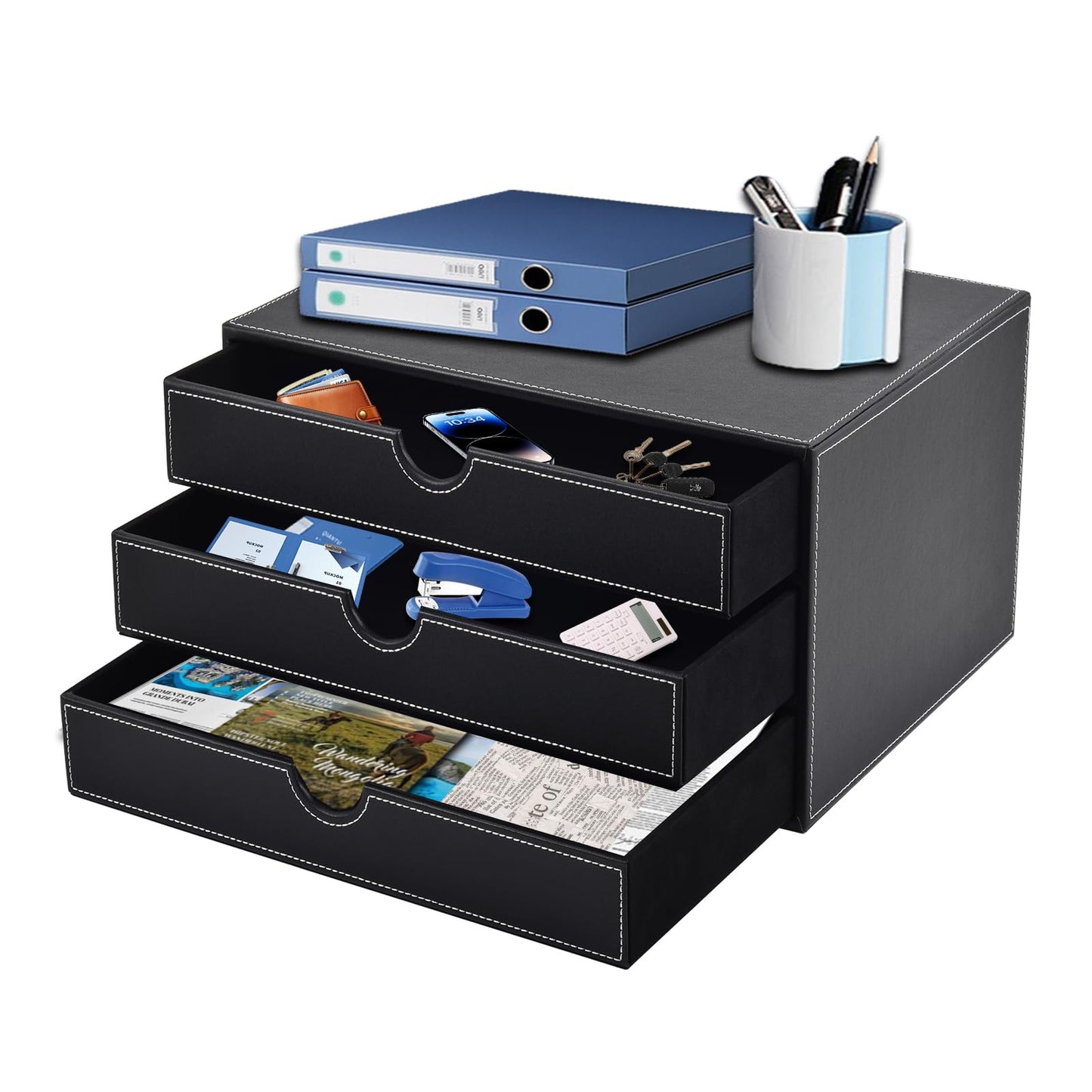 Faux Leather Desk Organizer with3 Drawers Executive Office Supplies Desktop Filing A4 File Cabinet/Holder,Stackable Storage Box for Jewelry/Bill/Paper/Documents/Makeup Home Decor Accessories(Black)