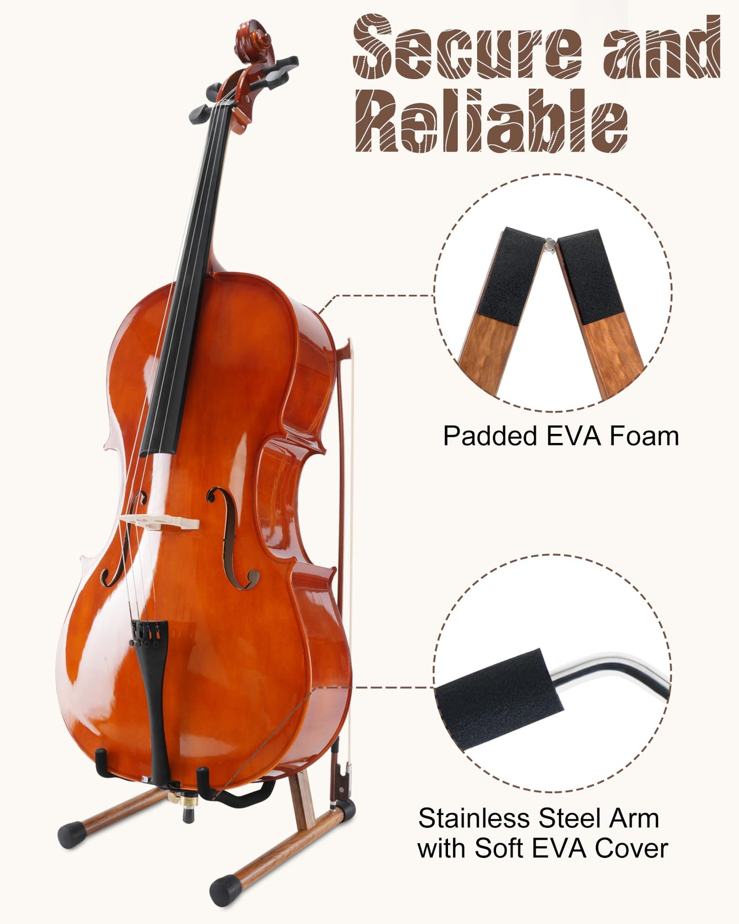 Musbeat Cello Stand, A-Frame Cello Stand with Bow Holder for Cello Display, Handcrafted Wooden Cello Stand with Padded Foam, Zebra Wood Floor Cello Stand for 1/2, 3/4, 7/8, Full-Size Cello, Guitar