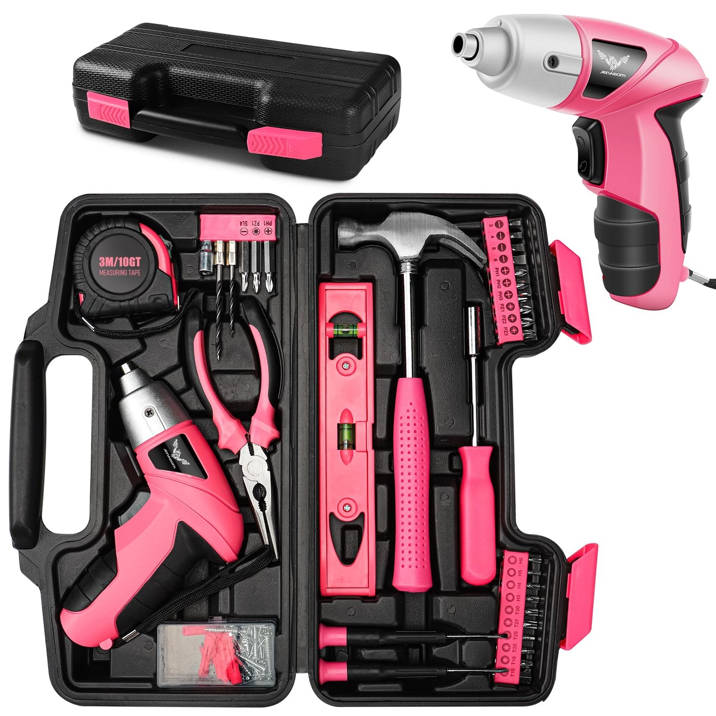 JENABOM Pink 112pcs Electric Screwdriver Tool Set, Home Tool Kit with 3.6V Small Power Cordless Screwdriver for Women