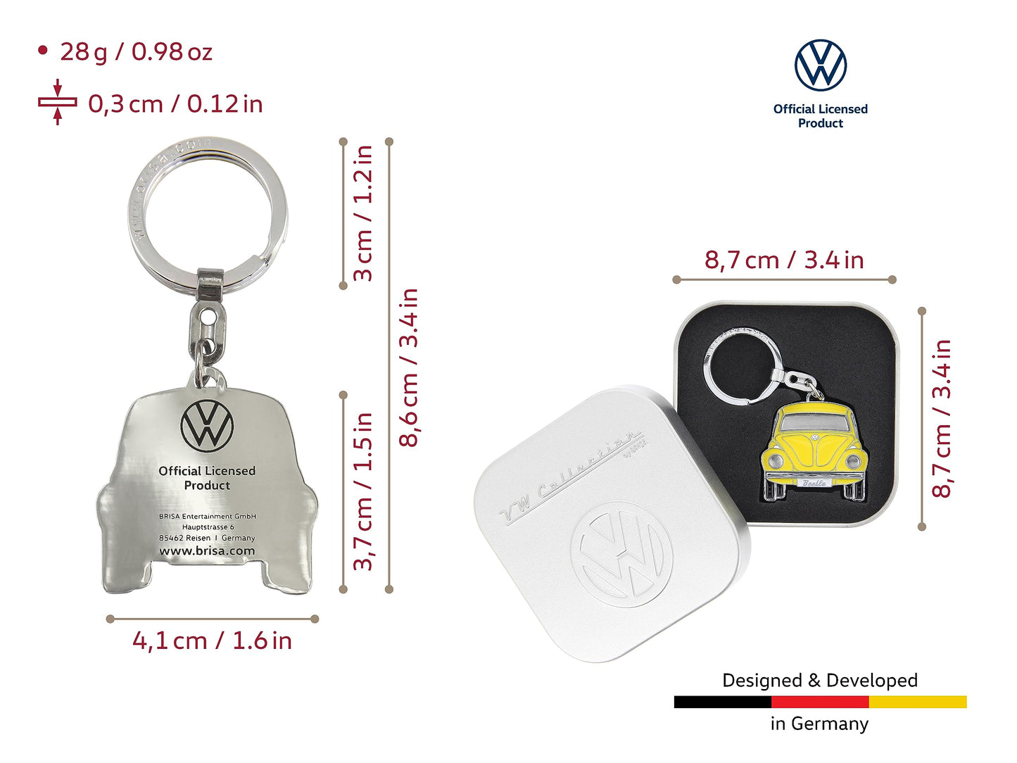 BRISA VW Collection - Volkswagen Enamel Metal Keyring Keychain Accessory Keyholder in Beetle Bug Design (Front/Yellow)