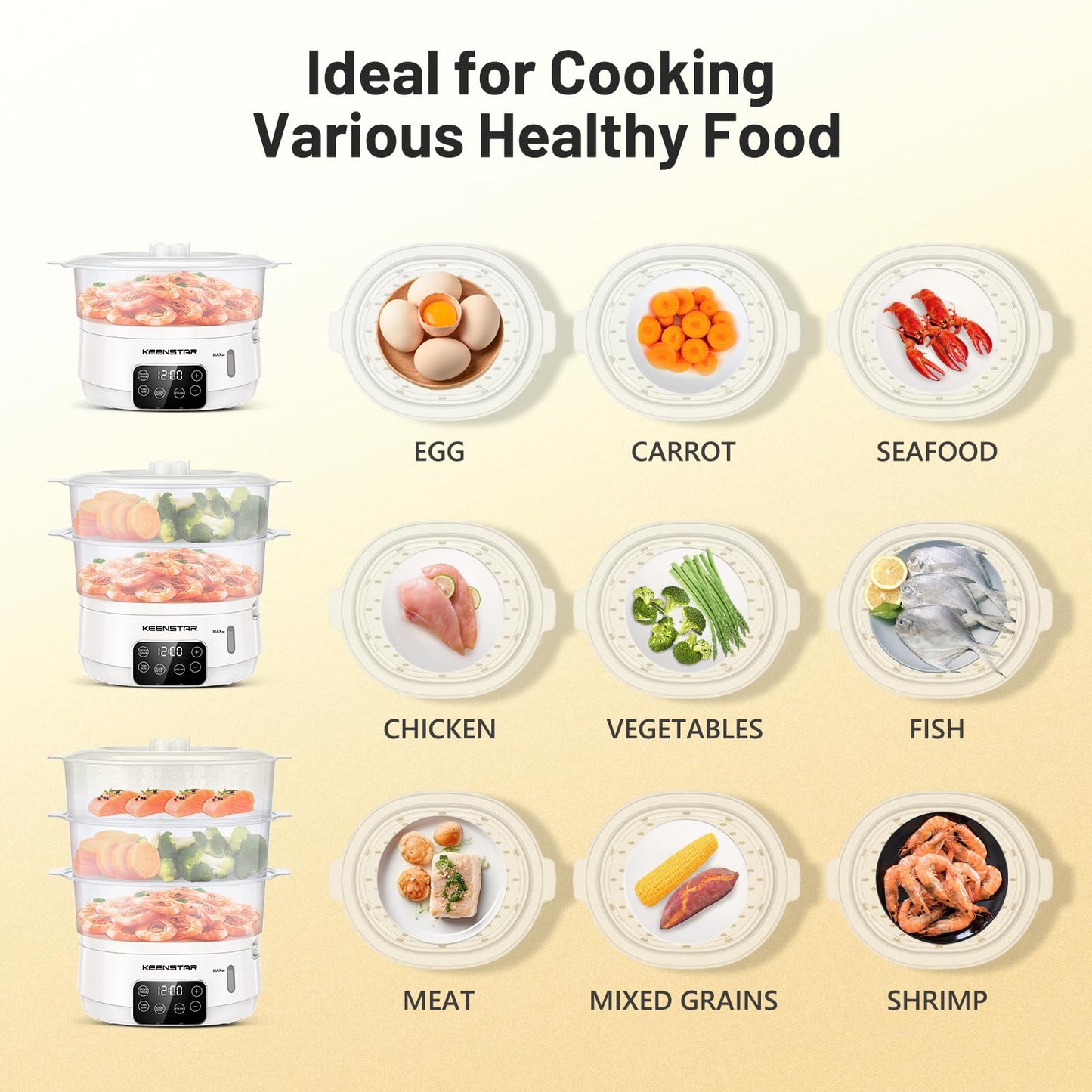 Electric Food Steamer, 13.7QT Vegetable Steamer with 3 Tiers BPA-Free Baskets, Digital Steamer with Appointment and Timer, 800W Simultaneous Cooking, Ideal for Veggies Seafood Rice White