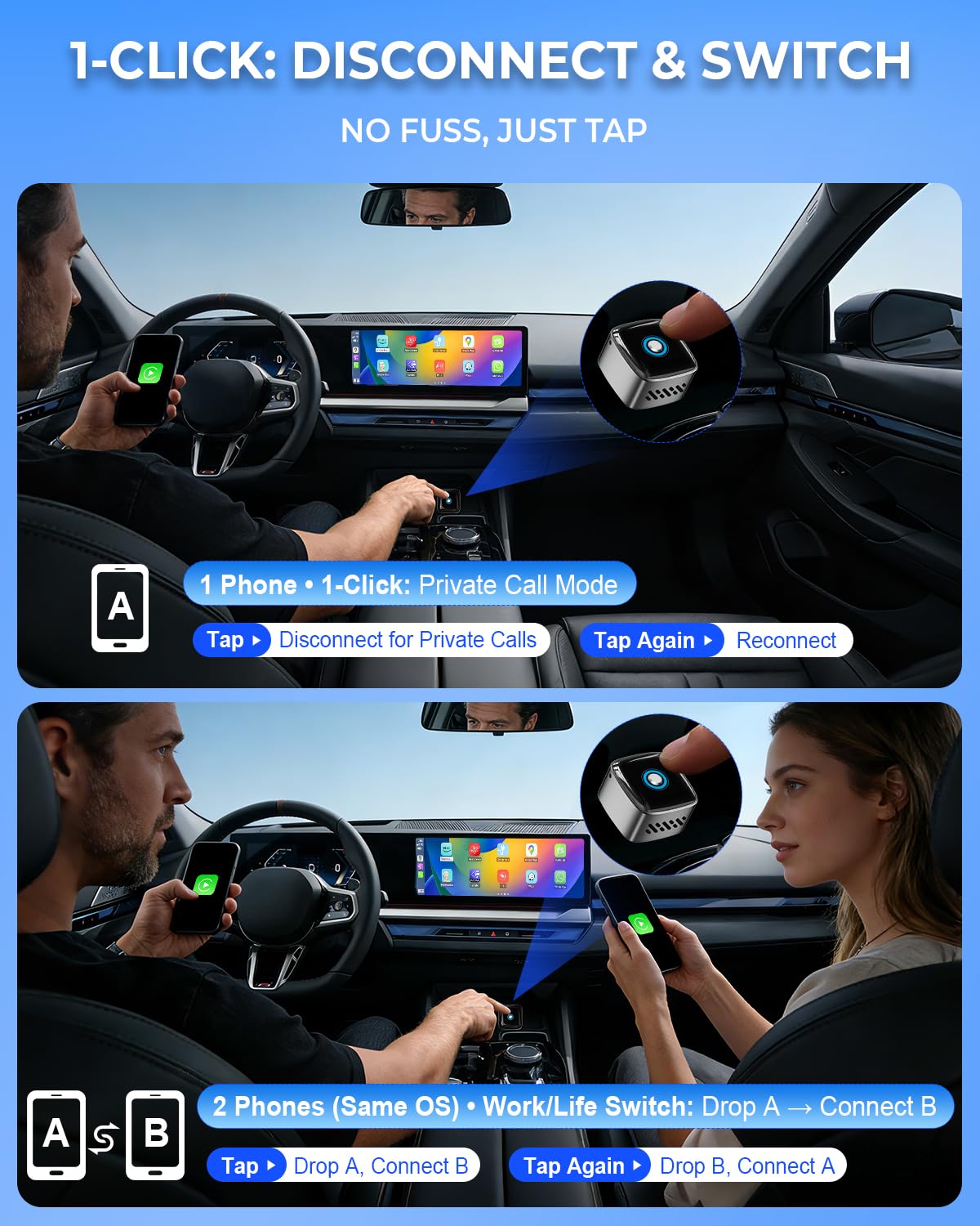 Wireless CarPlay Adapter for iPhone & Android Auto, 2-in-1 Wired to Wireless Carplay, 1-Click Switch/Disconnect Plug & Play Fast Connect, Lag-Free Mini Adapter for Apple iOS 10+/Android 11+/2016+ Cars