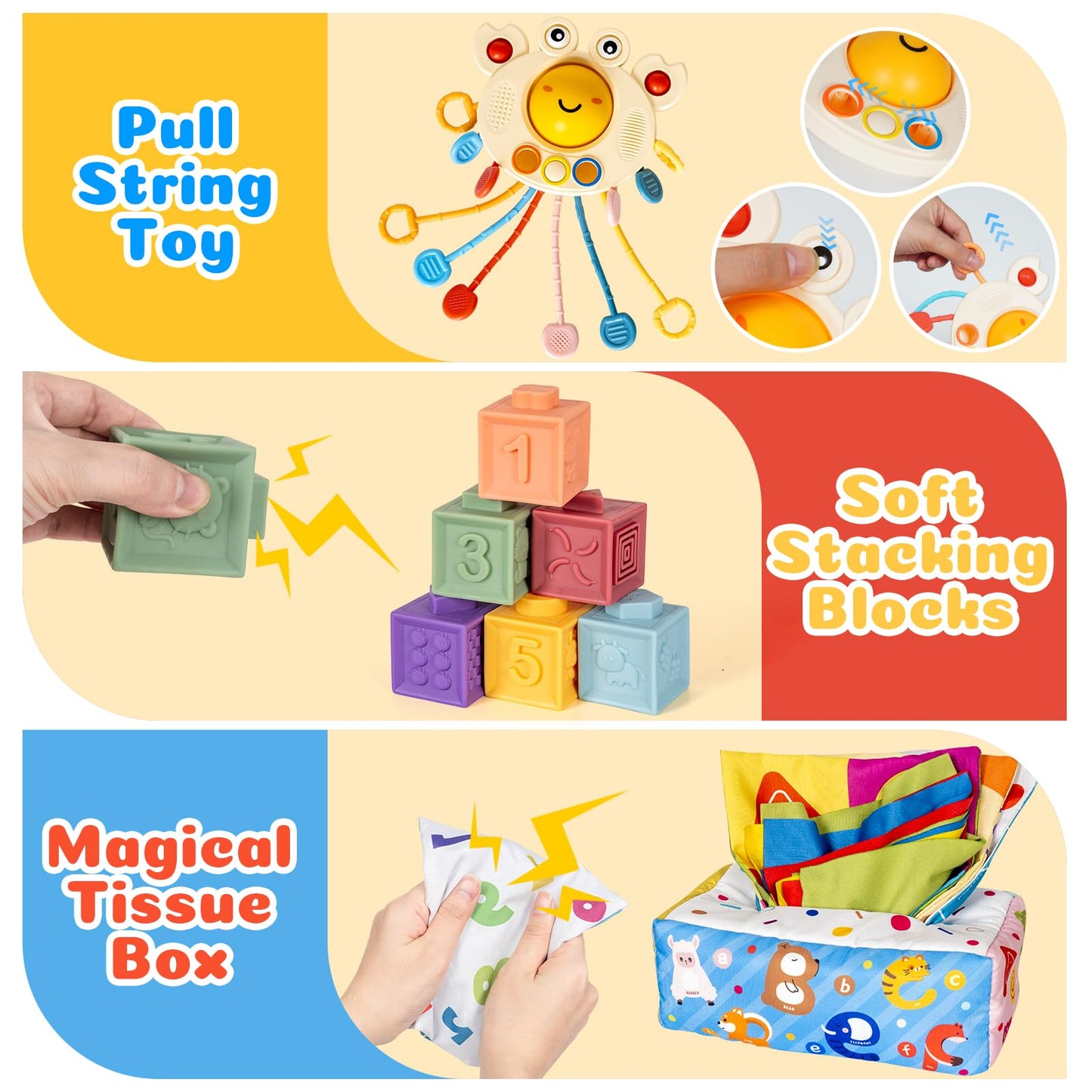 6 in 1 Montessori Toy for Baby Stacking Building Block Soft Infant Ring Shape Learning Sensory Bin Pull String Teething Toy Magic Tissue Box for Toddlers 18M+ 2 3 Year Old Boy Girl Gift