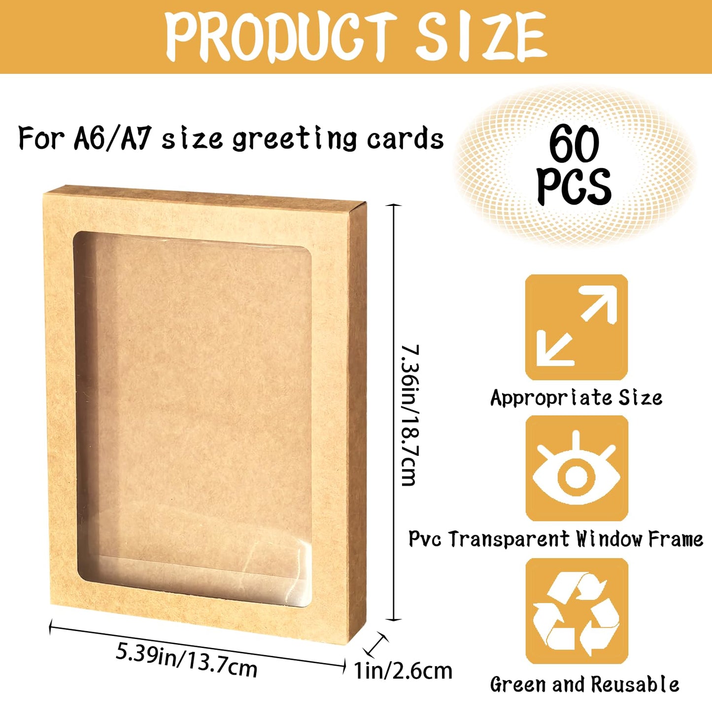 GIWOSK 60 Pcs Greeting Card Storage Box, Kraft Paper Box with PVC Transparent Window Greeting Card Holder Bulk for A7 Paper Photo Frame Card Envelope Biscuit, 5.39 x 7.36 x 1 Inches, Rectangle