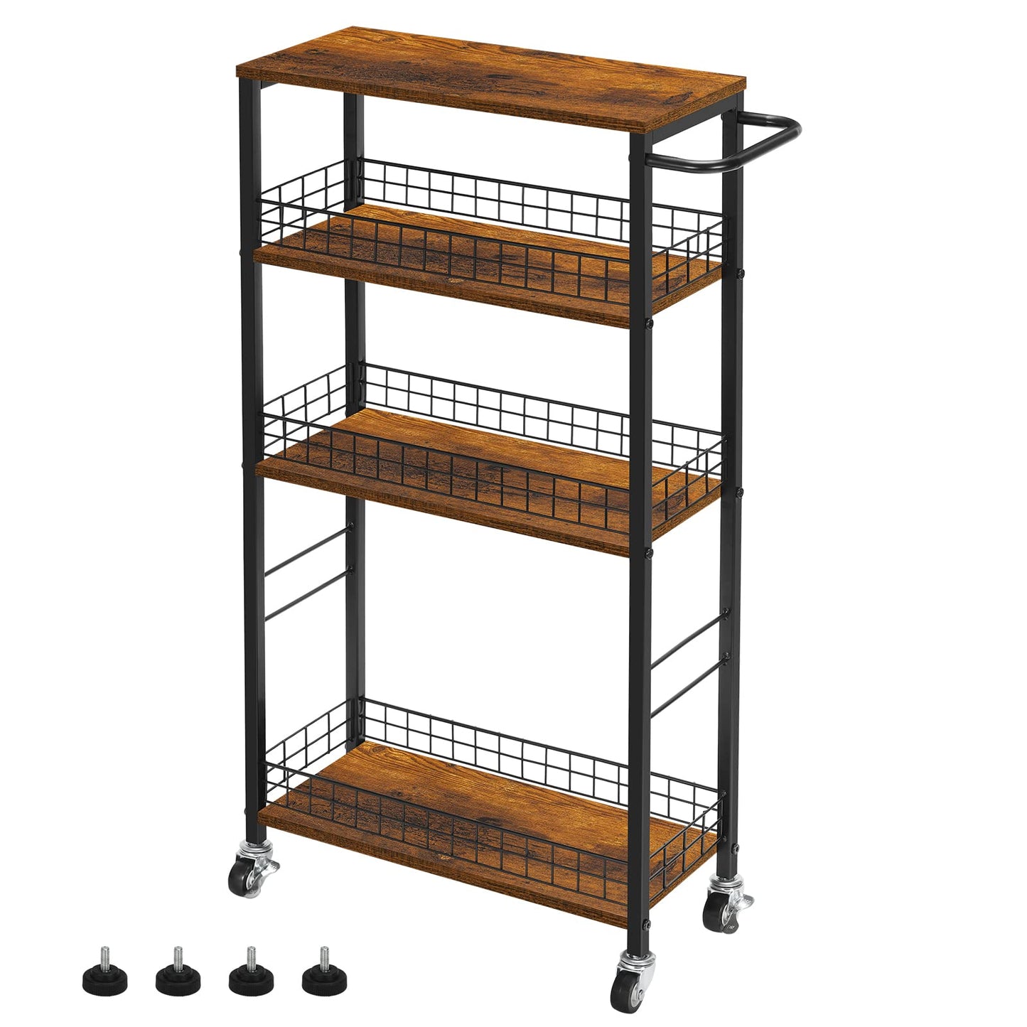 YBING 4 Tier Slim Kitchen Storage Cart with Wheels, Rustic Brown, 31D x 46W x 60H cm