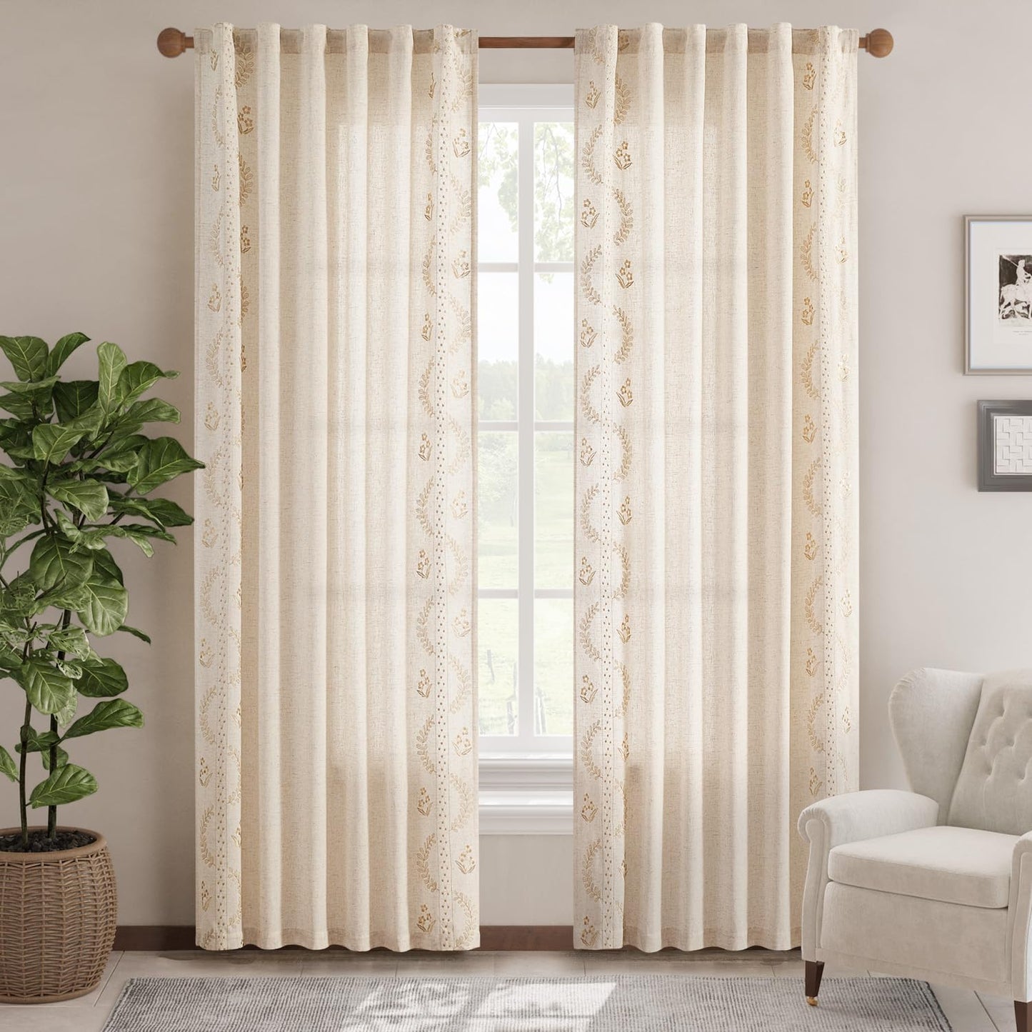 JINCHAN Linen Curtains for Bedroom Floral Curtains 84 Inch Length Linen Blend Beige Embroidered Drapes Farmhouse Flower Patterned Drapes for Living Room Window Treatments Set 2 Panels
