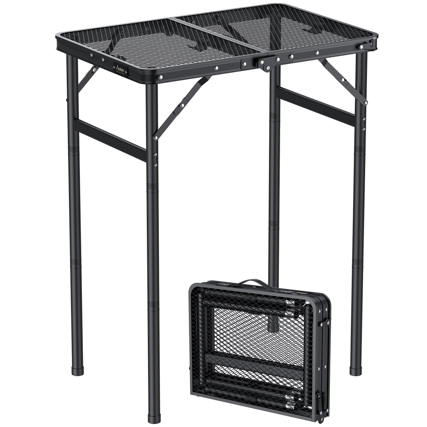 Anbte 2ft Folding Grill Table Max 29.5", 3 Adjustable Height Lightweight Camping Table with Heat-Resistant Mesh Tabletop Portable Handle, Waterproof, for Cooking BBQ Outdoor, 22.8" X 16", Black