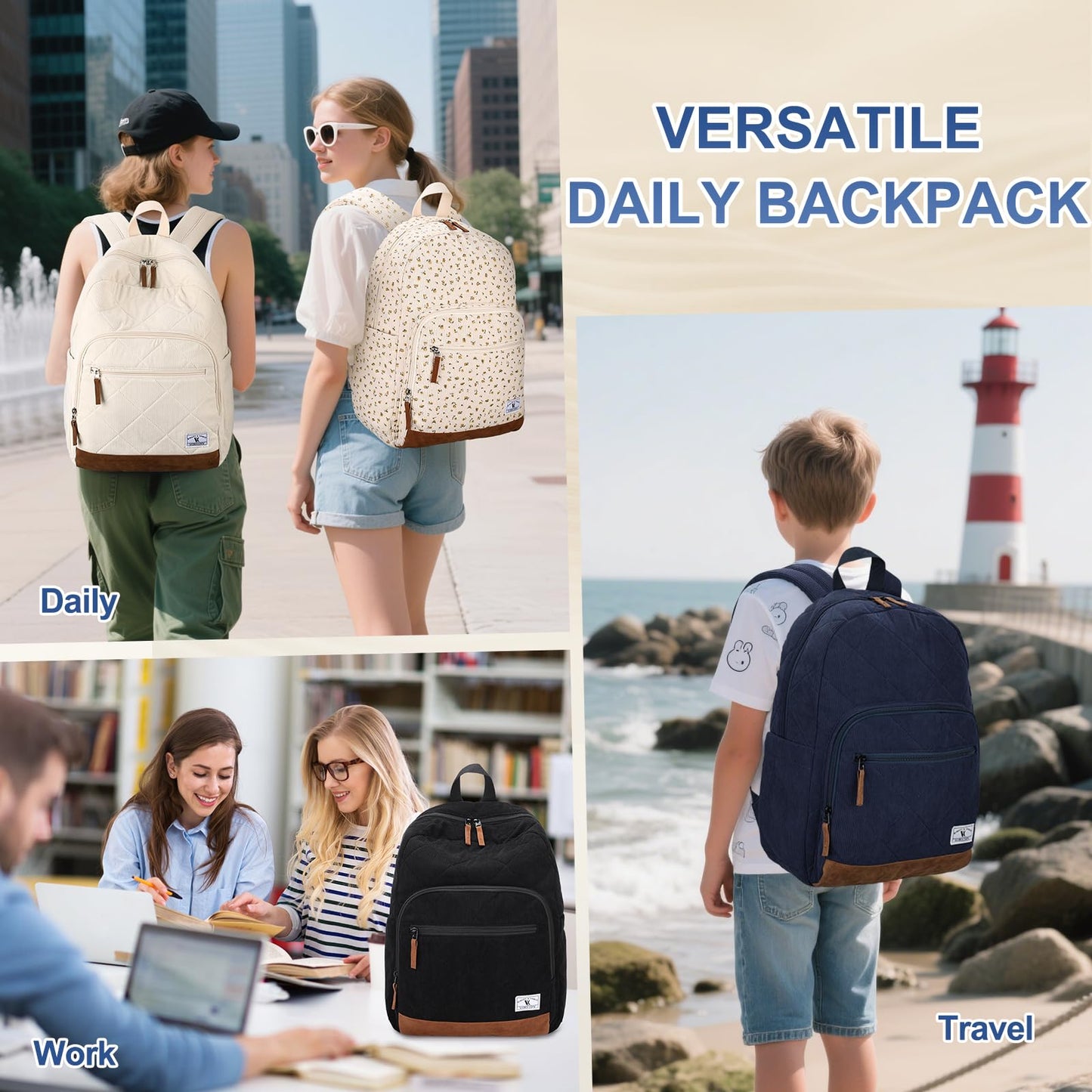 VX VONXURY Corduroy Backpack for Teens，Lightweight 15.6 inch Bookbag for Girls Boys Casual School bag for Men Women