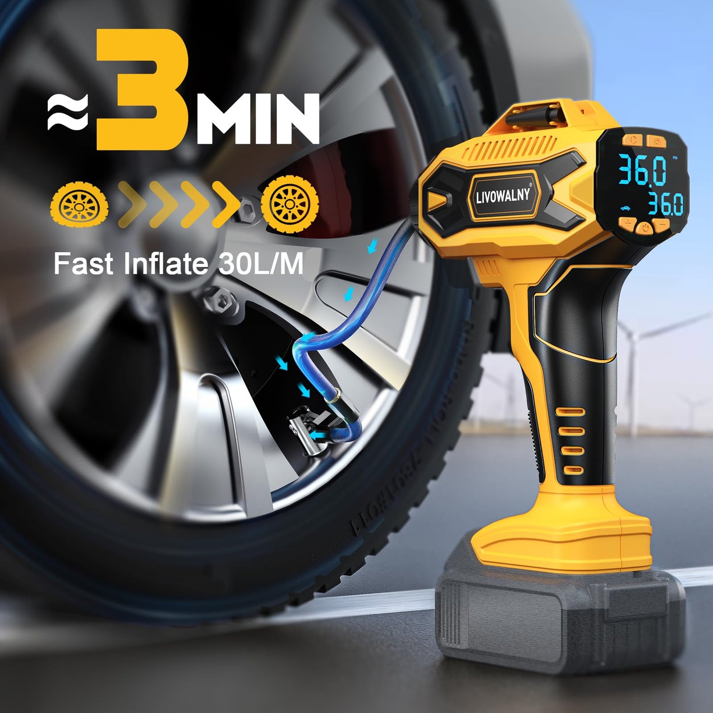 LIVOWALNY Tire Inflator Air Compressor Compatible with Dewalt 20V Battery, 160 PSI Cordless Portable Electric Air Pump Bigger LCD Digital Pressure Gauge for Car(Battery Not Included)