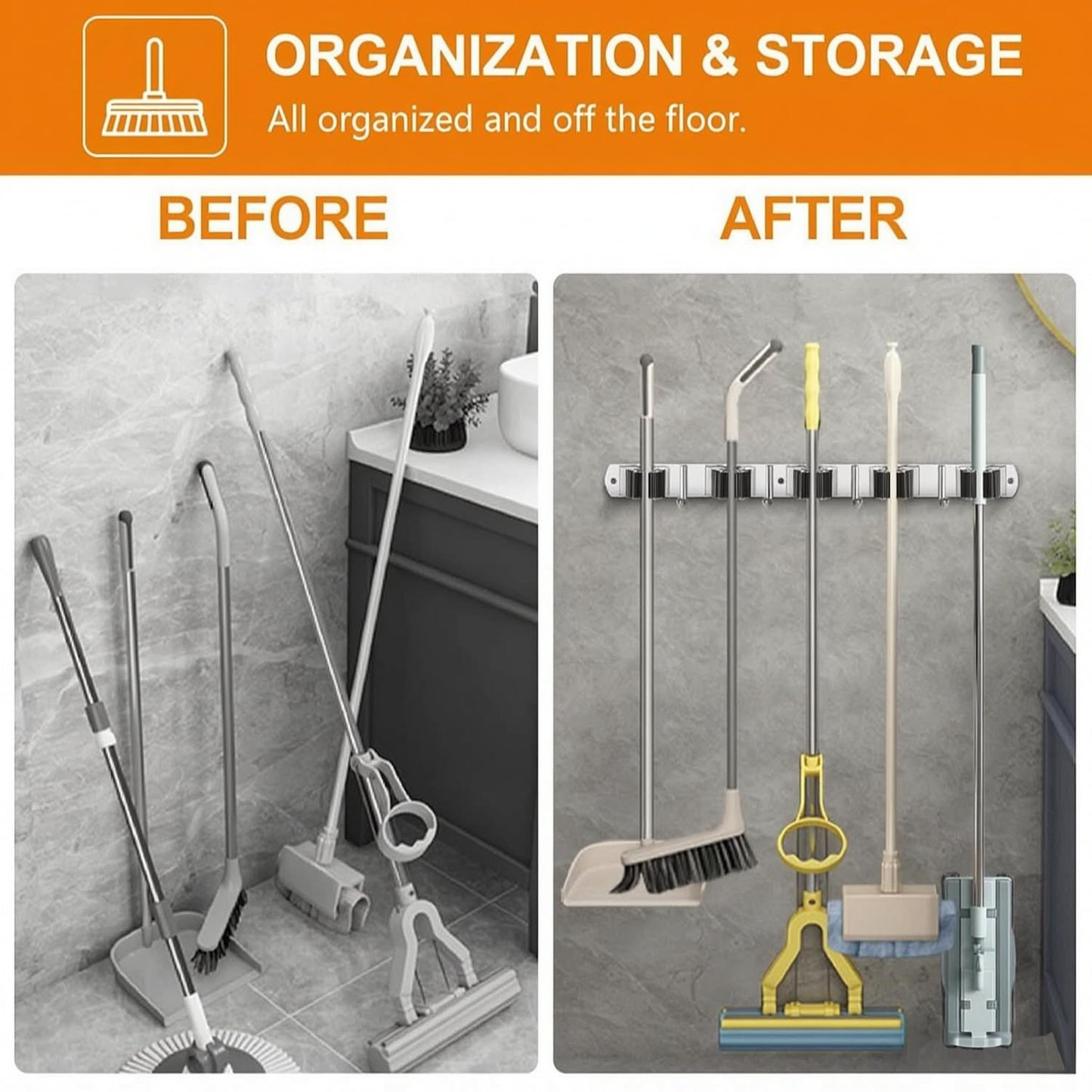 2 Pack Wall Mount Broom Holder Stainless Steel 5 Racks with 4 Hooks Broom Organizer Self Adhesive Heavy Duty Laundry Room, Garage Organization Storage