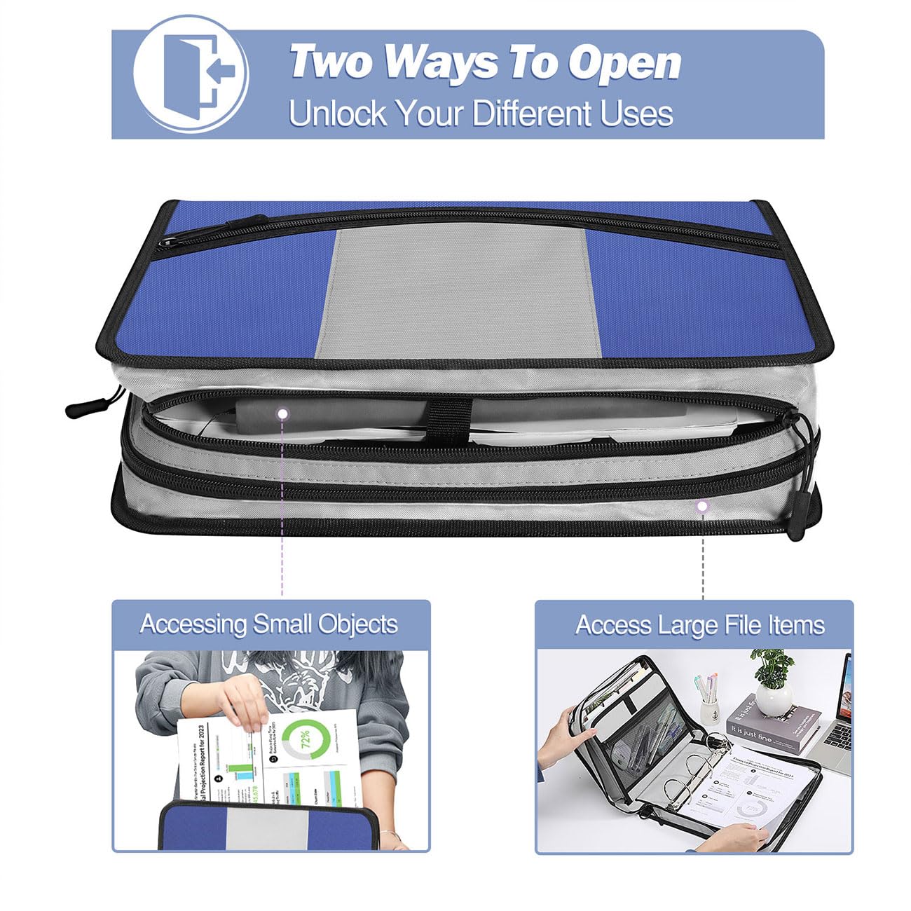 MoKo Zipper Binder, 3 Inch 3 Ring Binder with 600 Sheet Capacity Multi-Pocket School Organizer, Handle and Shoulder Strap Included, Blue & Gray
