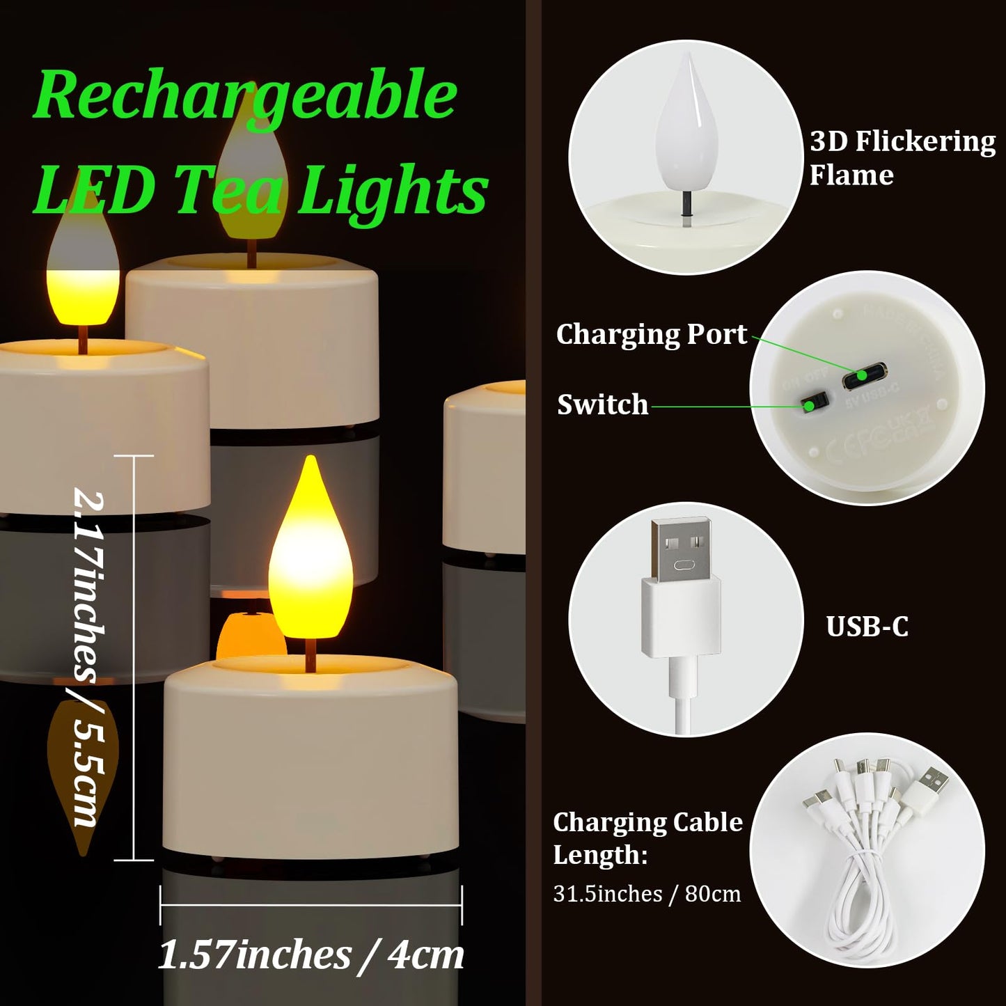 SoulBay Rechargeable Tea Lights with Remote, 12pcs Flameless Flickering LED Candles with Timer & Charging Cable, No Battery Needed, for Home Lantern Table Party Holiday Decorations
