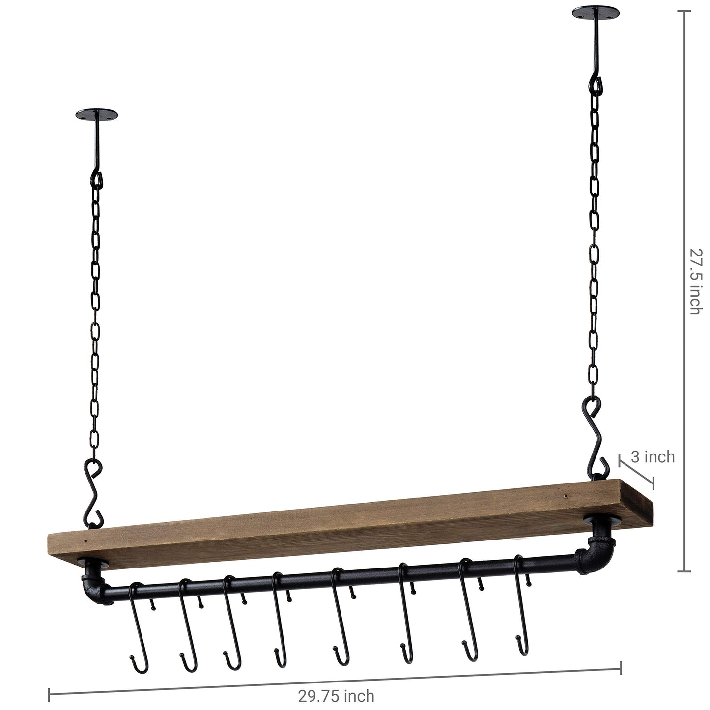 MyGift - Hanging shelf for pots, pans and pots, made of wood and industrial pipe, includes 8 adjustable hooks