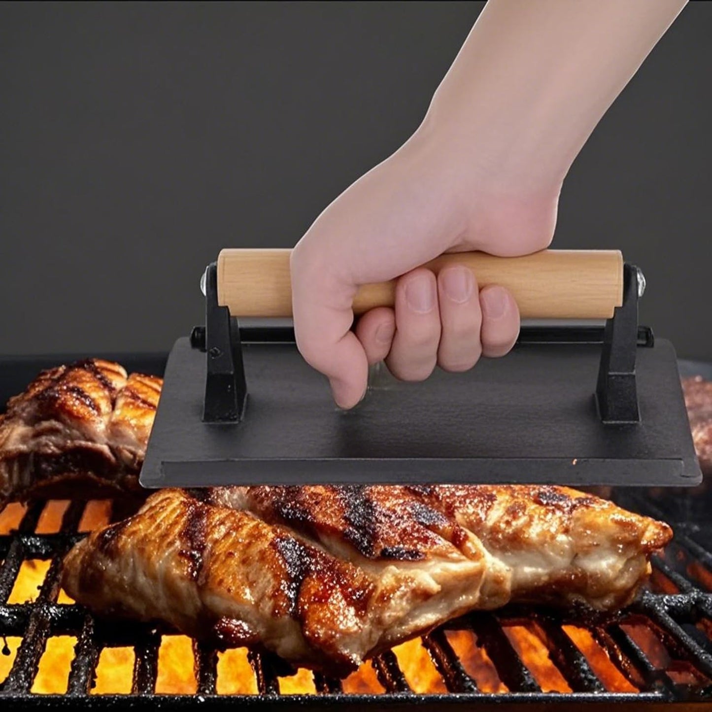 HEIHAK 2 Pack 8 x 4 Inch Cast Iron Steak Weight, Flat Heavy Weight Grill Press with Wooden Handle, Steak Weights for Grill Burgers Bacon Bread