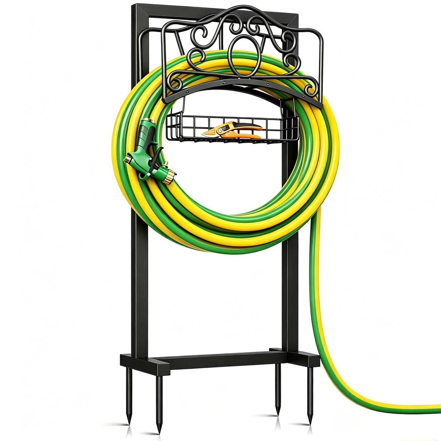 Garden Hose Holder, 2026 Upgraded Heavy Duty Water Hose Holder Stand with Storage Basket Holds 160ft, Freestanding Metal Garden Hose Reel Hanger Organzier Rack for Outdside Yard Lawn Farm, Black