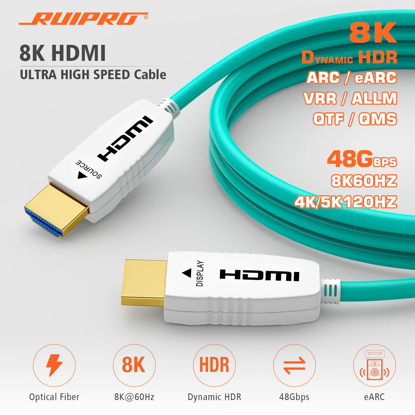RUIPRO 8K Fiber Optic HDMI Cable 6 Feet 48Gbps 8K60Hz 4K120Hz Dynamic HDR eARC HDCP2.2/2.3 for RTX4080/4090/3080/3090, Xbox S/X, PS5/4, AVR, Projector, LG/Samsung/Sony TV