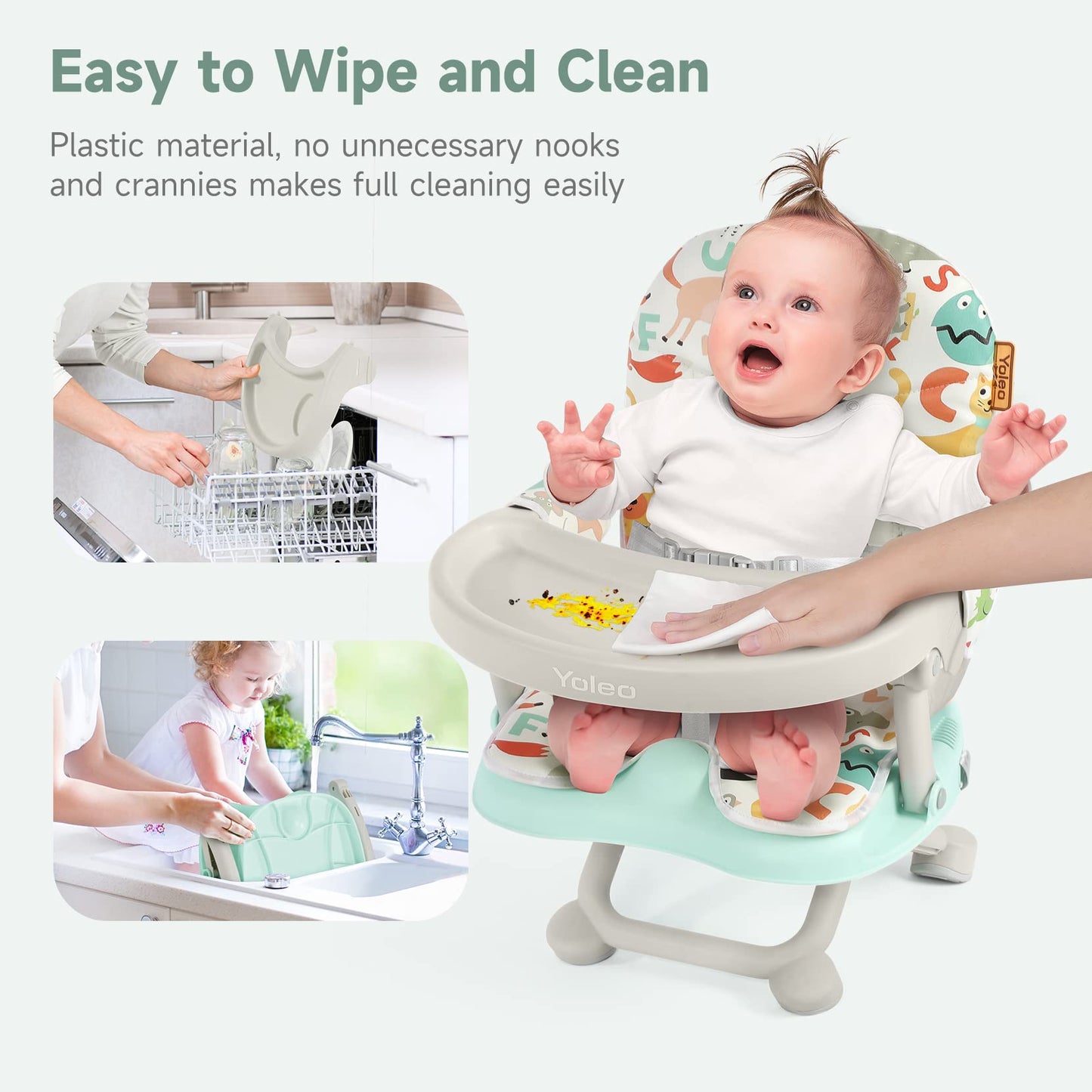 YOLEO Baby Booster Seat for Dining Table with Removable Tray, Adjustable Booster Seat Portable for Baby/Toddler Eating, Foldable Travel Dining Seat and Easy Clean (Green)