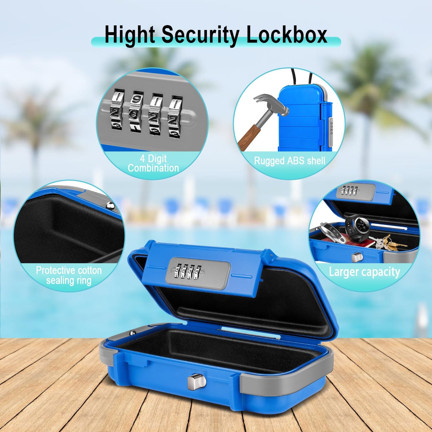 BKNOOU Travel Safe Portable Beach Safe Box Small Combination Safe Anti-Theft Lock Box Safe Waterproof Mini Security Case with Removable Wire Rope Security Box for Home,Office,Hotel,Cars,Travel etc