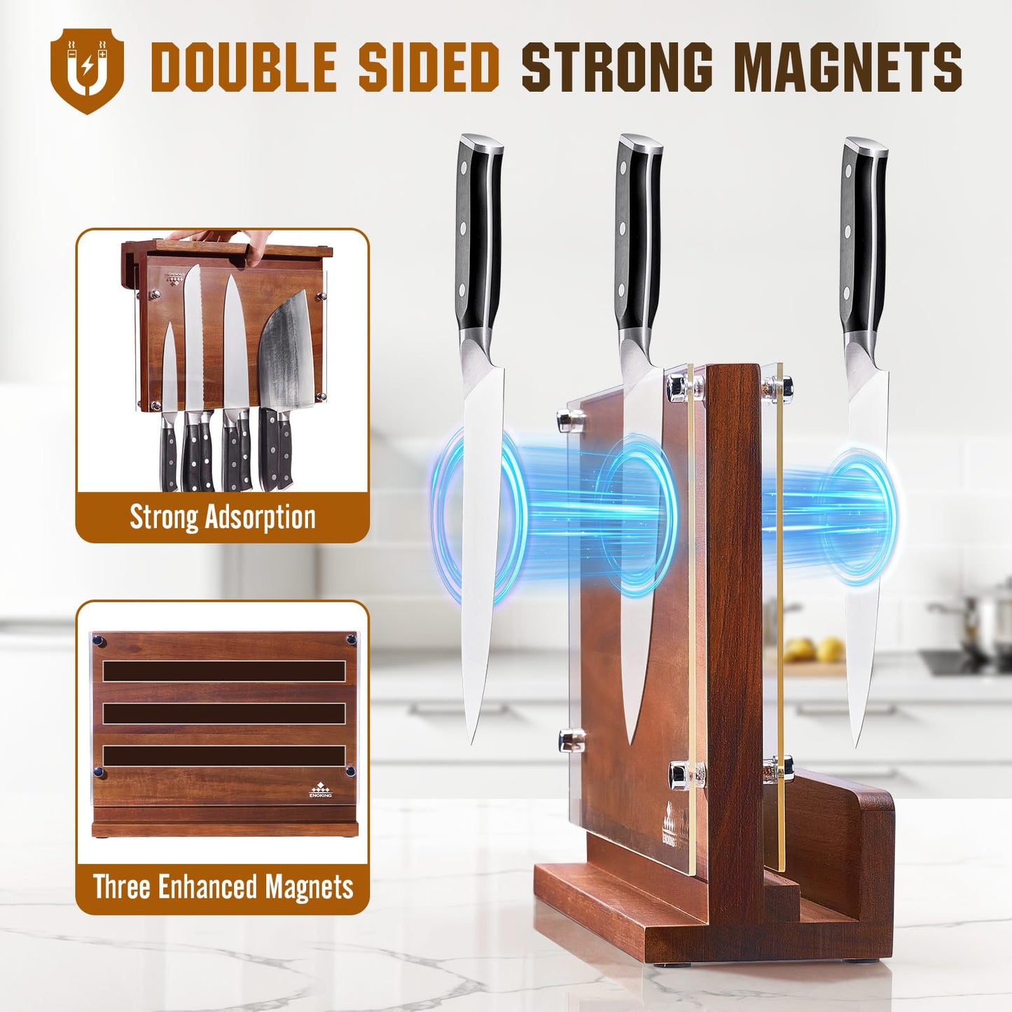 ENOKING Magnetic Knife Block with Acrylic Shield 12 x 9 Inches, Double Side Kitchen Knife Holder Without Knives- Acacia Wood Universal Knife Storage Organizer with Powerful Magnet for Kitchen Counter