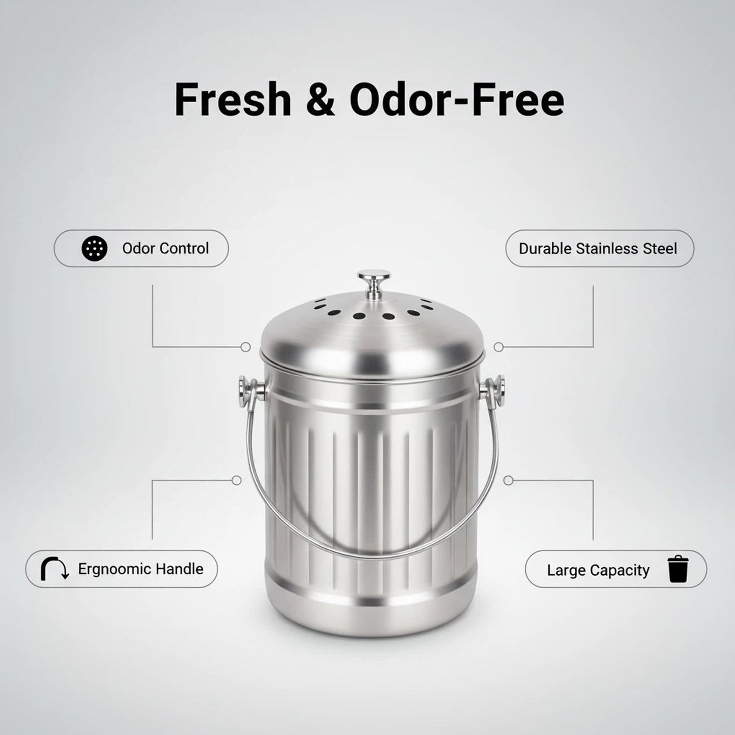Veinvify 1.3 Gallons 5L Brushed Stainless Steel Kitchen Countertop Undersink Indoor Odorless Composting Compost Bin Countertop Composter with Charcoal Filter Inside Lid Brushed