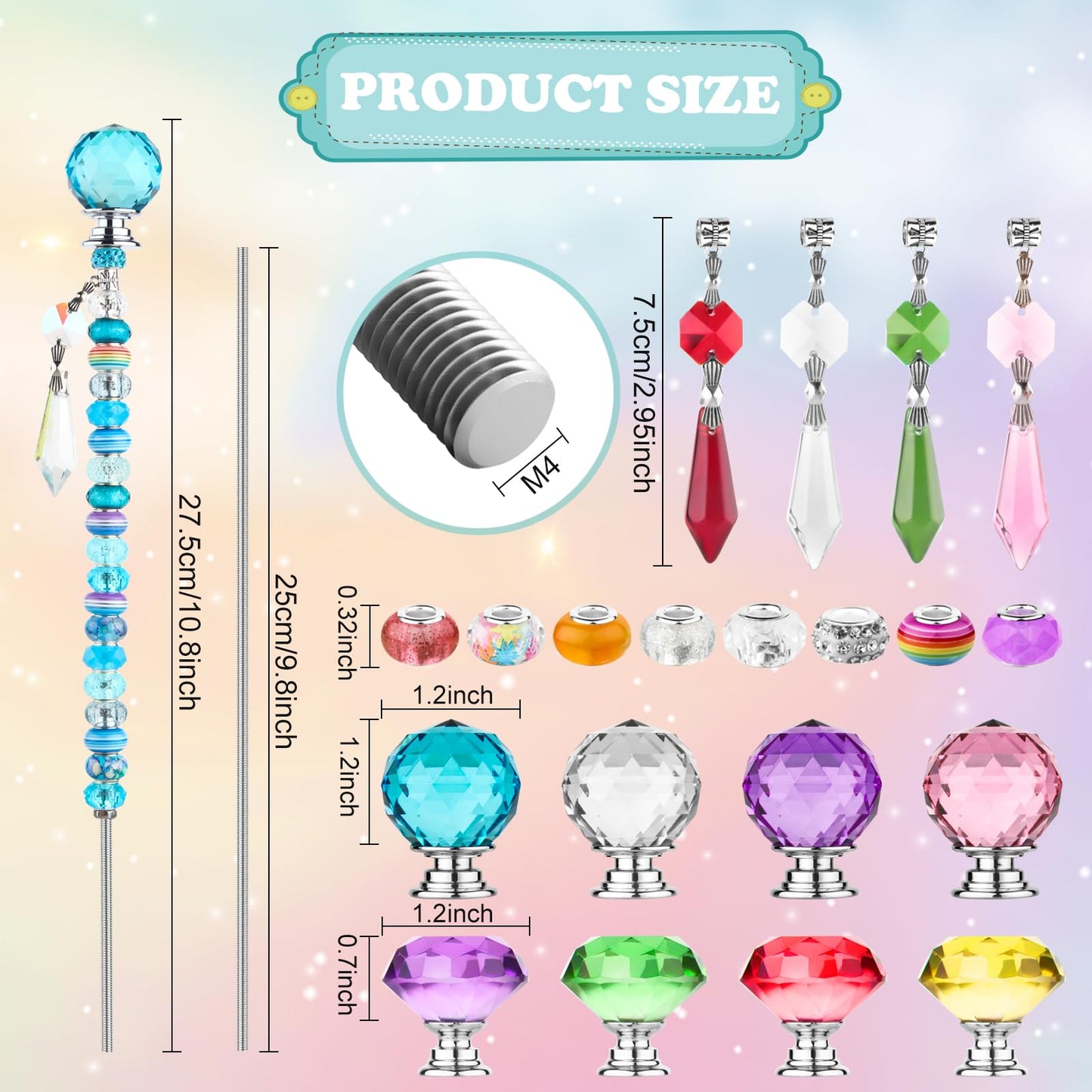 192Pcs DIY Fairy Wand Beaded Garden Stakes Kit, Fairy Wands Kit with Sparkling Crystal Pendants, Suitable for Different Holidays Garden Stakes Decorative Outdoor Beadable Items(10IN)