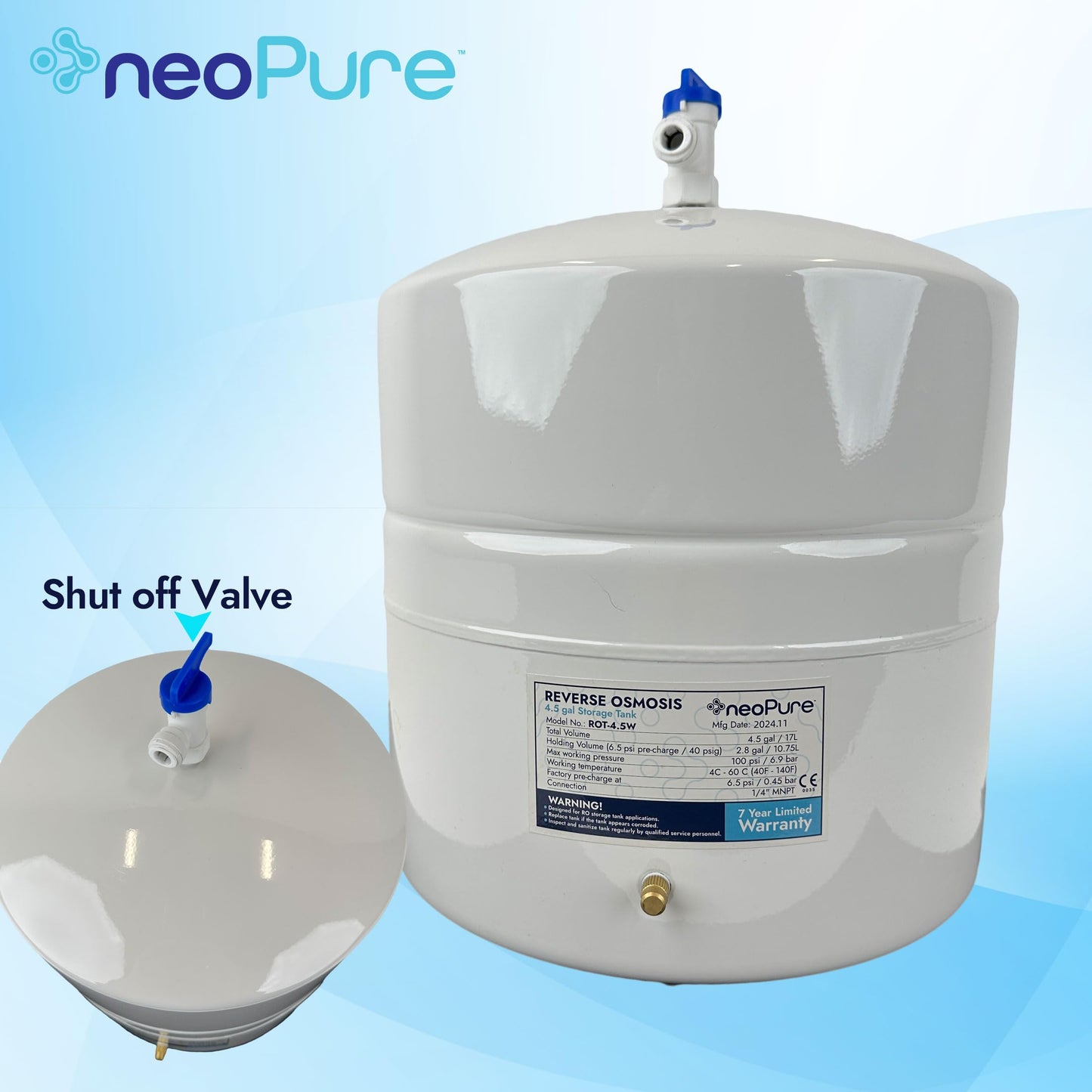 Neo-Pure RO-132 Reverse Osmosis Storage Tank Powder Coated Steel w/Tank Valve Female Elbow 1/4" FPT x 3/8" Quick-Connect (Stainless Steel, 4.5 Gallon)