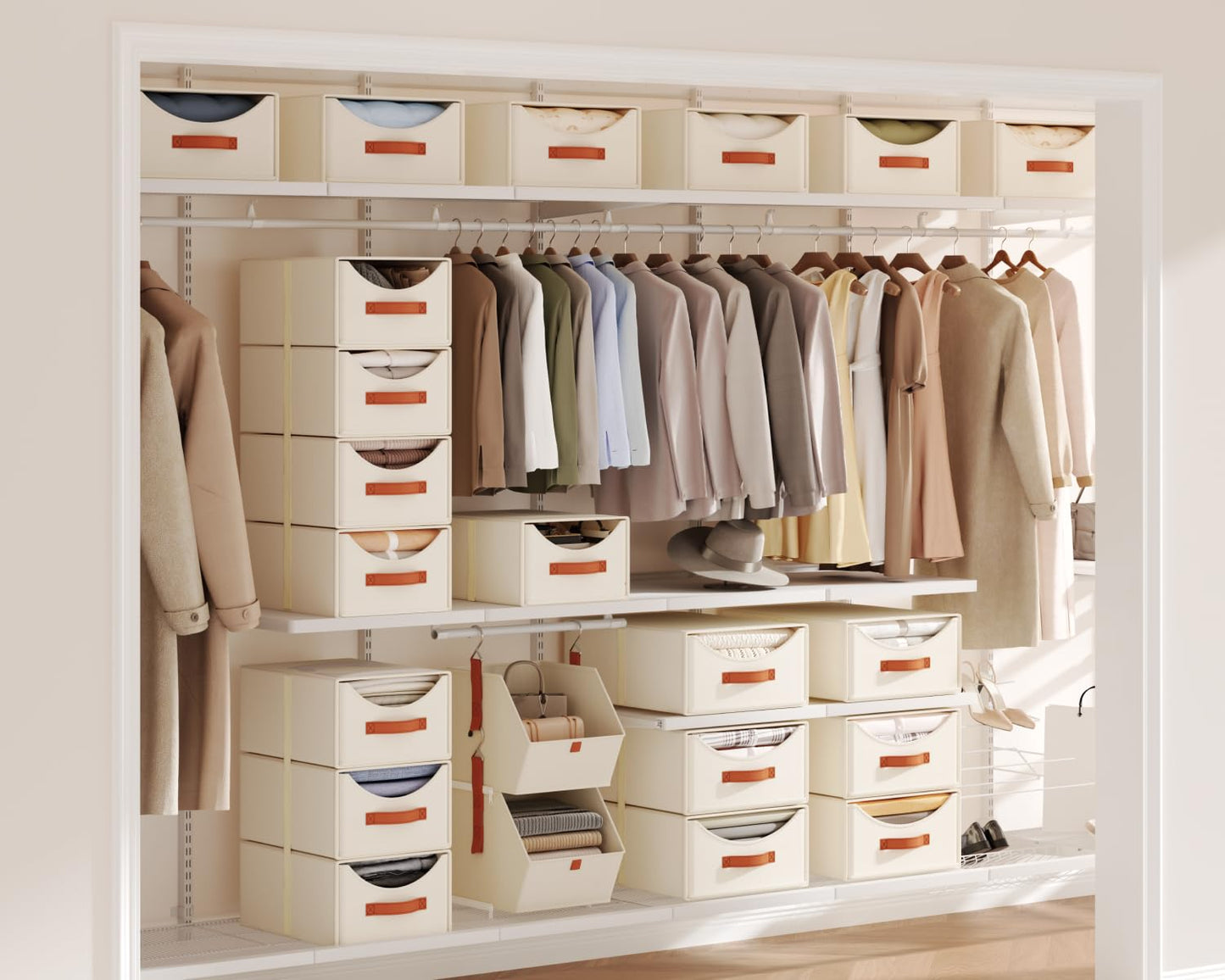 DIMJ Closet Storage and Drawers Organizers - 4 Pack Fabric Stackable Storage Drawer Unit Clothes Organization with Reinforced Handles for Wardrobe, Bedroom, Office,Shelves (Beige)