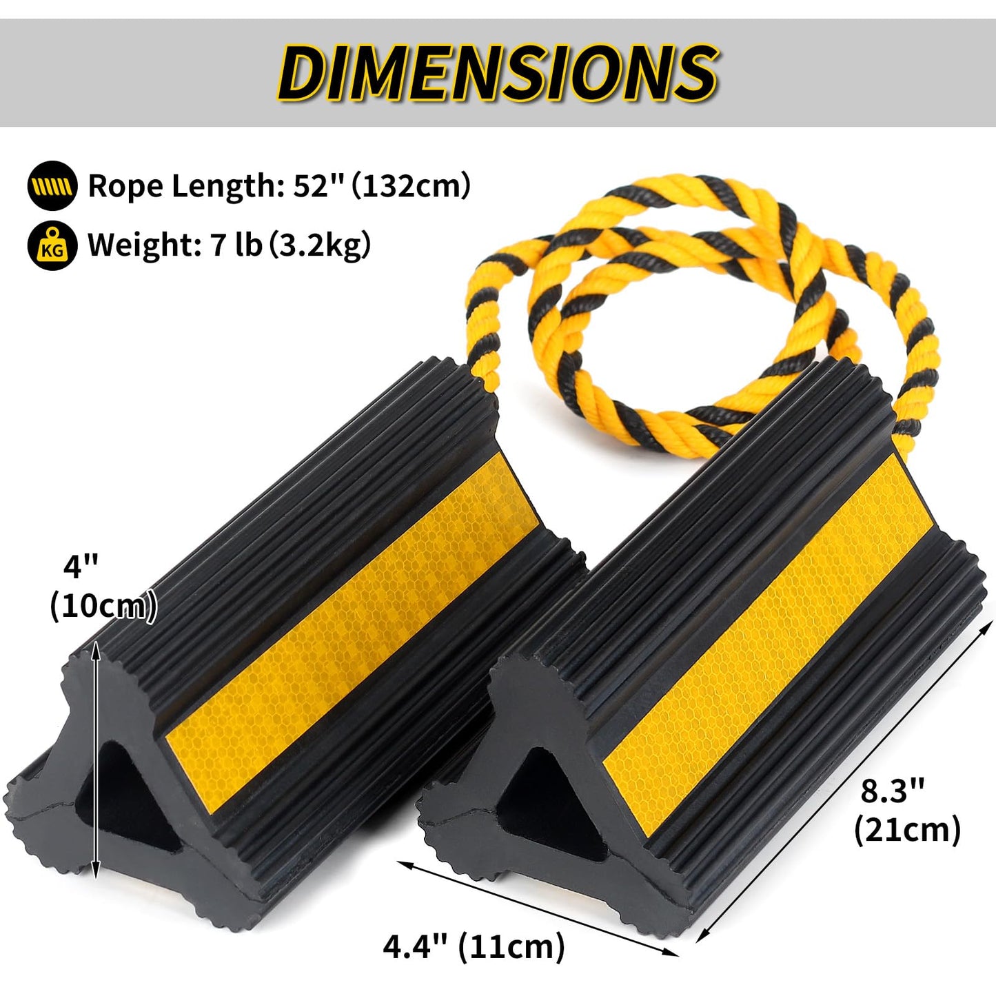 OULEME Heavy Duty Rubber Wheel Chocks, RV Tire Chock Blocks with Nylon Rope ＆ Yellow Reflective Tape, Non-Slip Wheel Stoppers for Camper, Travel Trailers, Aircraft, Car, Truck (1 Pair)