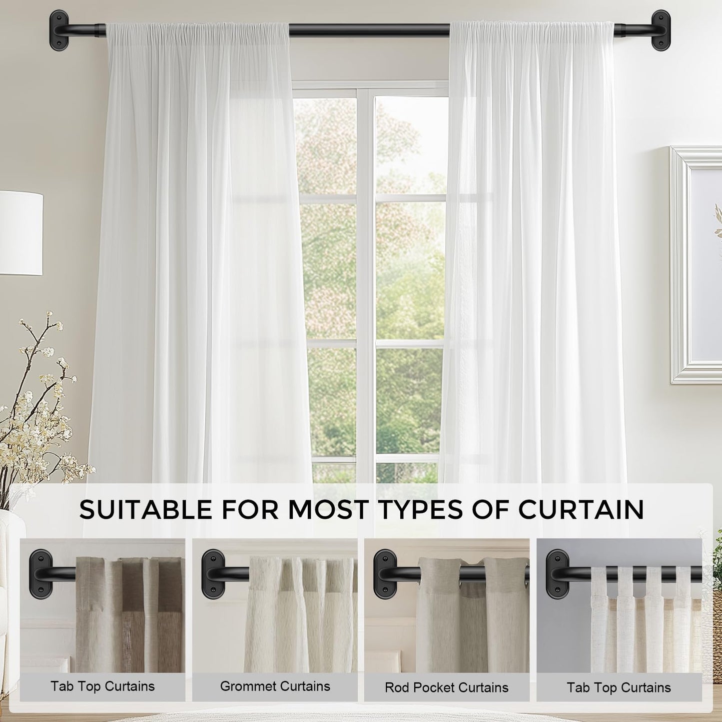 JRZOO Wrap Around Curtain Rods Black, Blackout Heavy Duty Curtain Pole for Windows 48 to 84 Inch, 1" Decorative Room Darkening Curved Modern Drapery Rod (Matte Black/Unique Design/All Matel)