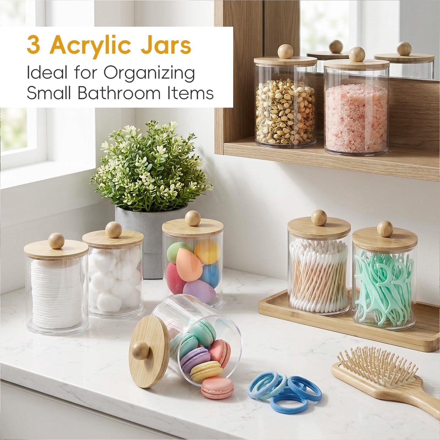 Bathroom Toothbrush Holder Set with 3 PCS Qtip Holders, Bathroom Organizer with Drainage Tray, Kids Electric Toothbrush Holder for Bathroom Countertop Caddy & Storage, Wood