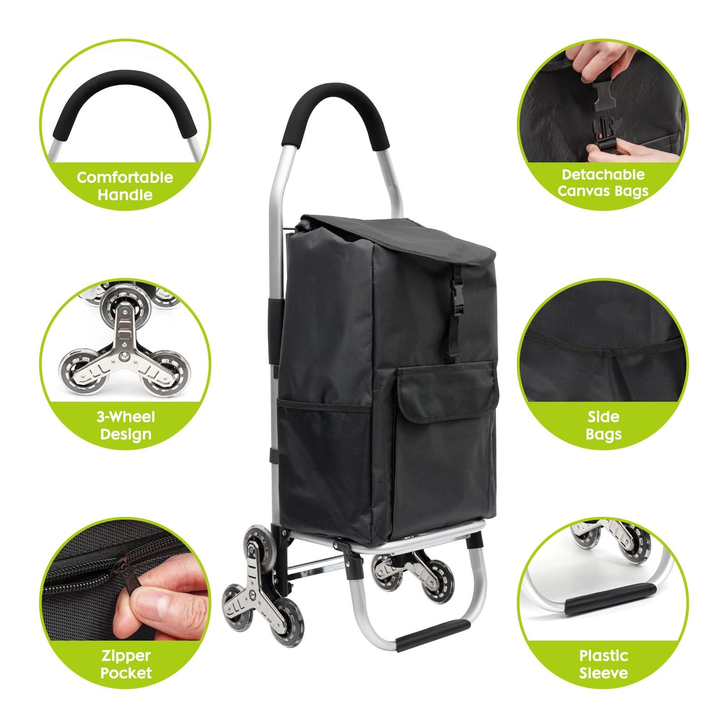 Folding Shopping Cart for Groceries Loading Stair Climbing Portable Folding Grocery Cart with Tri-Wheel Metal Utility Trolley Bigger Waterproof Shopping Bag, Adjustable Elastic Rope