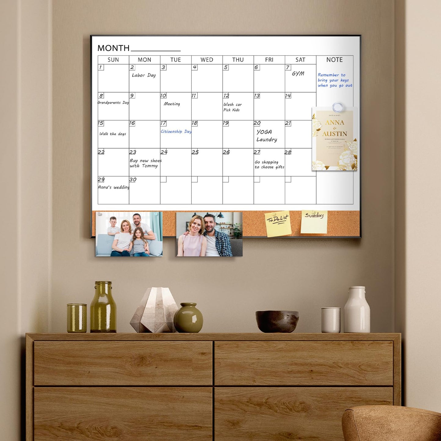 ARCOBIS Dry Erase Calendar with Cork Board for Wall, 24"x 18" Magnetic Calendar Whiteboard with Black Frame, Monthly Combination Board for School, Home, Office