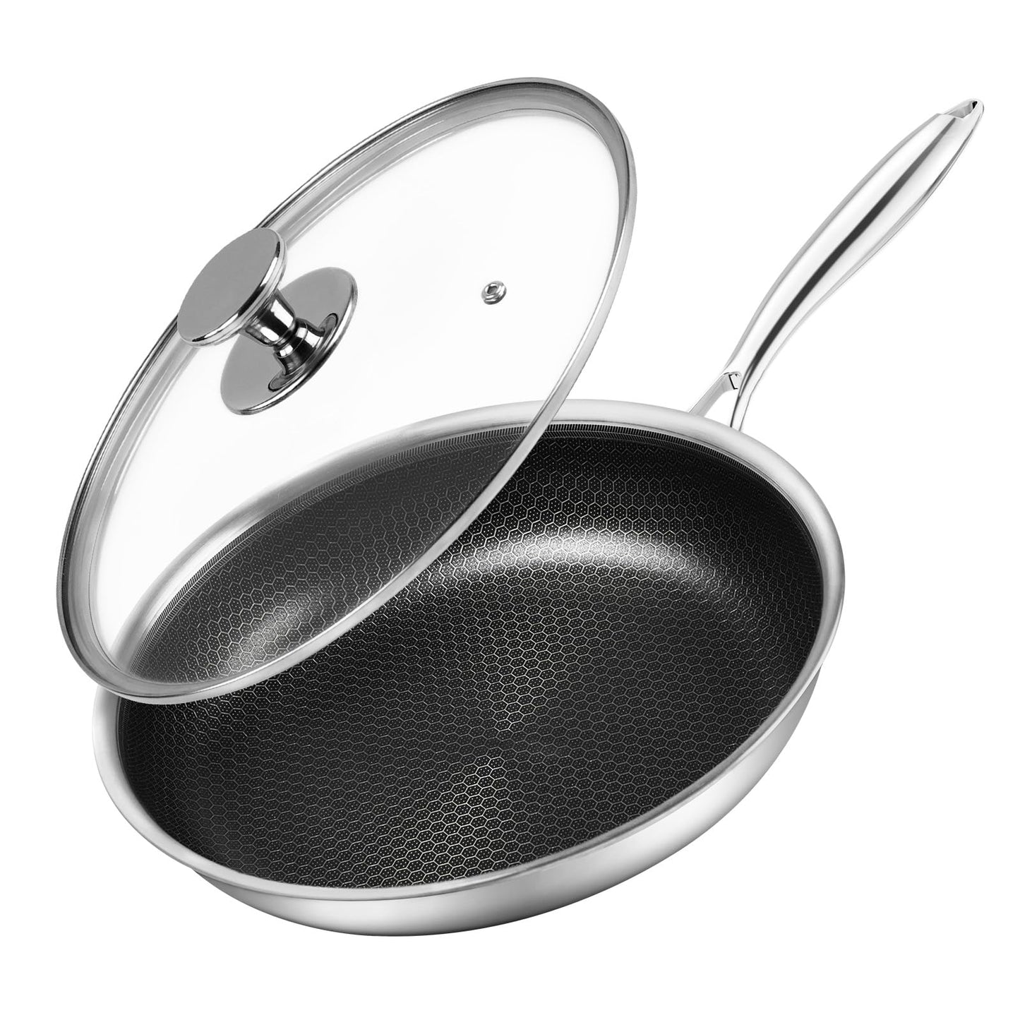 12 inch Tri-Ply Stainless Steel Frying Pan with Lid Large Nonstick Honeycomb Coatings Skillet for Eggs & Omelettes Non Toxic Healthy Omelette Pan Compatible W/All Cooktops