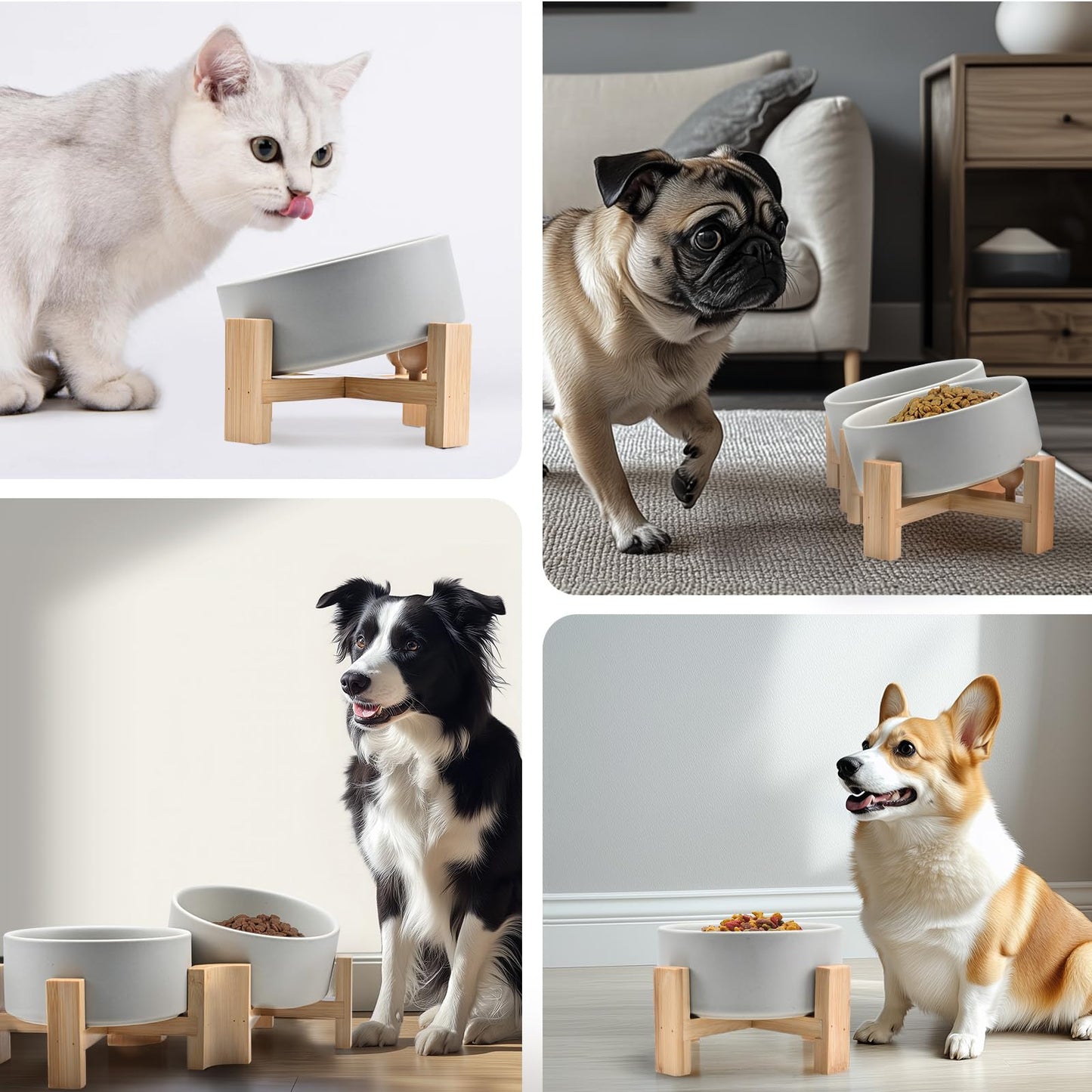 15° Slanted Ceramic Dog and Cat Bowl with Wooden Stand, Tilted Bulldog Food and Water Bowl No Slip Non-Spill for Cats Medium Dogs Big Face Pets 28.7 OZ (3.6 Cups)