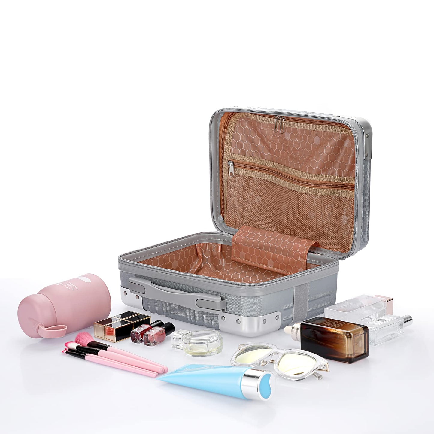 BSTKEY Portable Hard Shell Cosmetic Travel Case, Small Travel Hand Luggage with Elastic Band, Mini ABS Carrying Makeup Case Suitcase, Silver, Fashion