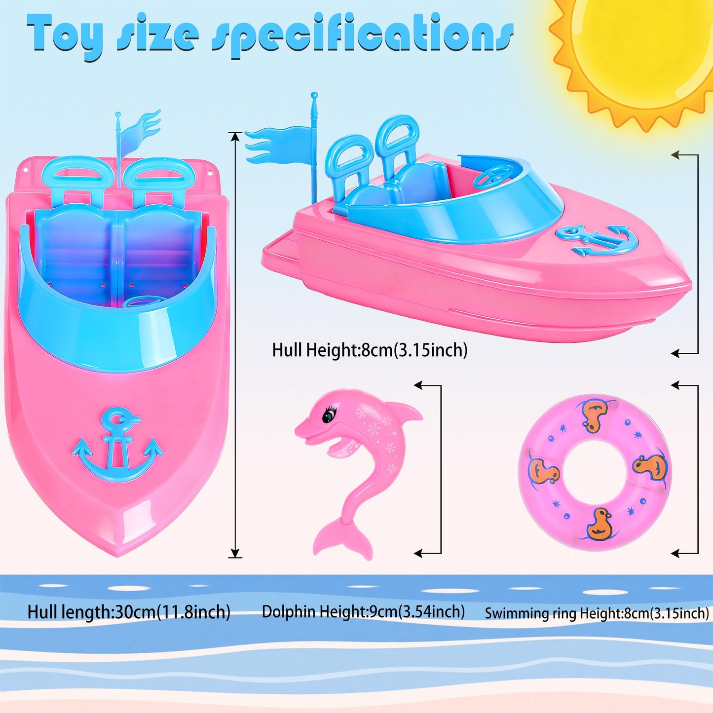 ebuddy Fashion Dolls and Boat Playset - 11.5 Inch Dolls with Swimwear, Life Vests, Accessories, 5.5 Inch Doll, Pet Puppy and Dolphin Toy - Summer Beach Adventure Gift Set for Girls