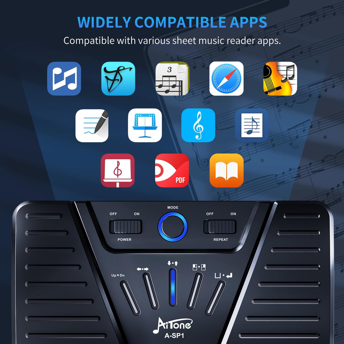 AITONE Wireless Side Turner Bluetooth Foot Pedal Music Page Turner for iPad Tablets Android Ios Phones Piano Keyboard Compatible with Various Music Apps (A-SP1)