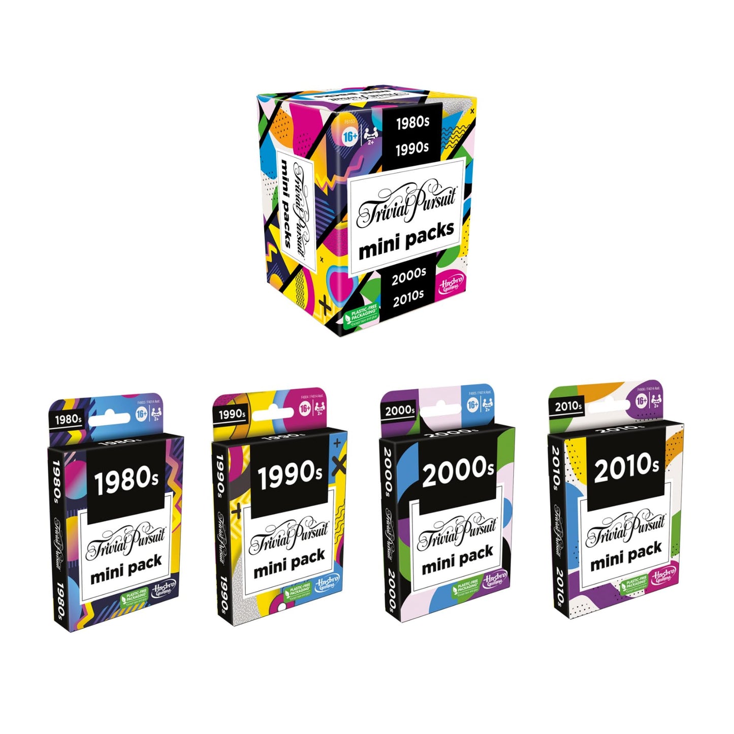 Hasbro Gaming Trivial Pursuit Mini Pack Multipack, Fun Quiz Questions for Adults and Teens Ages 16+ Includes 4 Games with 4 Decades