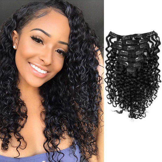 Anrosa Water Wave Clip in Hair Extensions Human Hair Natural Black 1B Double Weft Water Wave Curly Clip ins Extensions for Black Women Clip on Wave Hair Extension 18 Inch 120 Gram